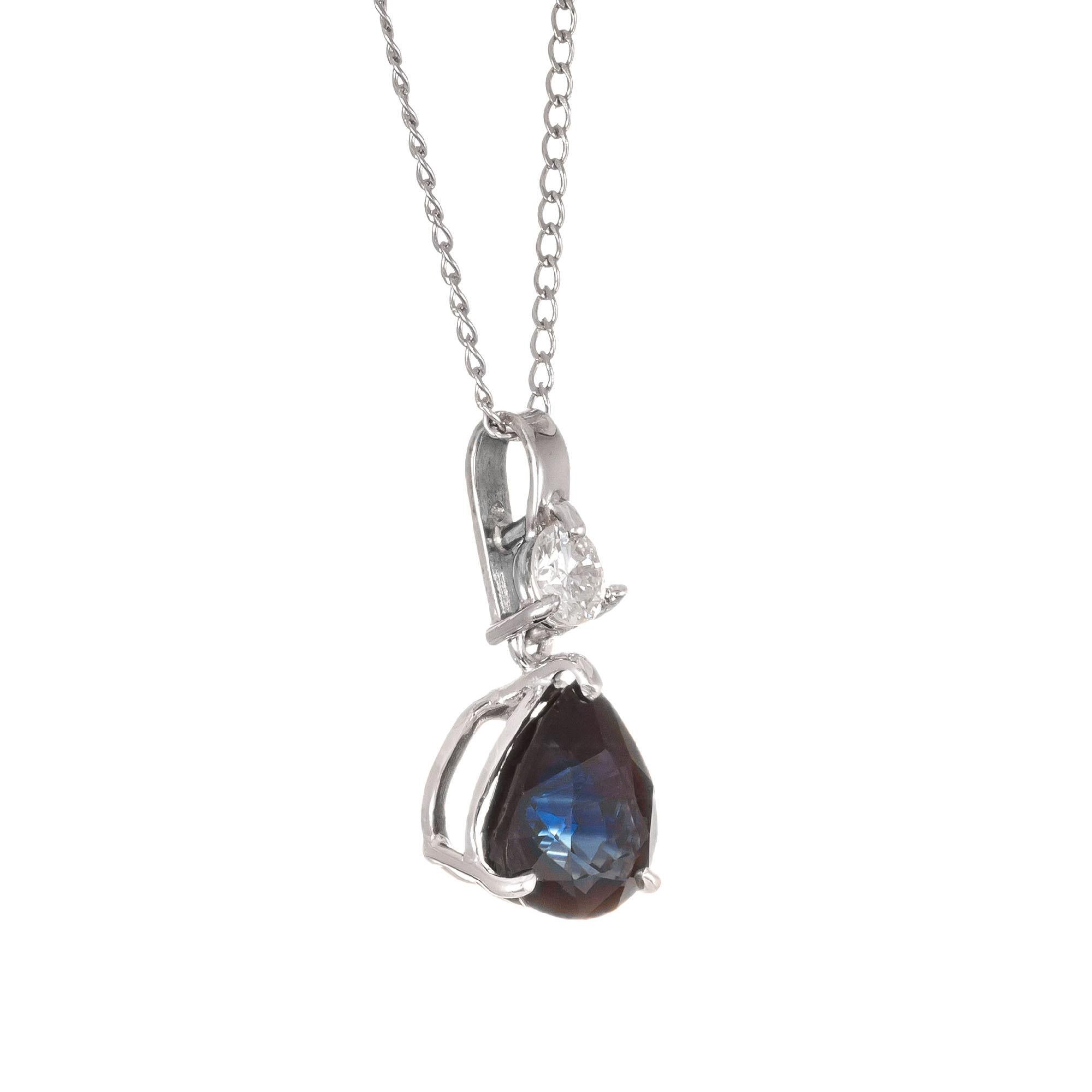 Peter Suchy dark blue pear shaped 2.79 carat sapphire and diamond pendant necklace. GIA certified sapphire in 14 white gold, with a round accent diamond.  

1 pear shaped dark blue sapphire SI, approx. 2.79cts GIA Certificate 2185476052
1 round