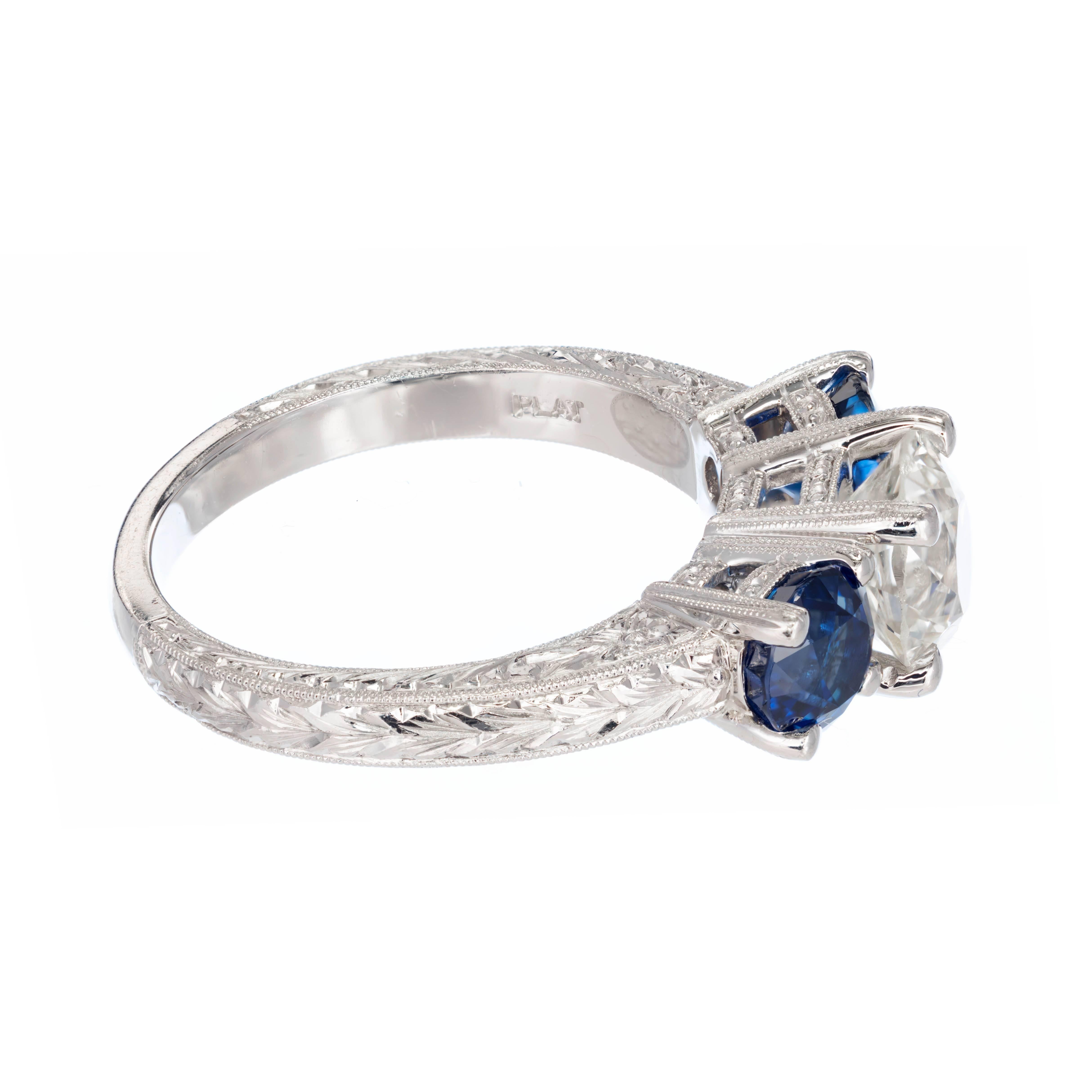 Old European Cut Peter Suchy 2.90 Carat Diamond Sapphire Three-Stone Platinum Engagement Ring