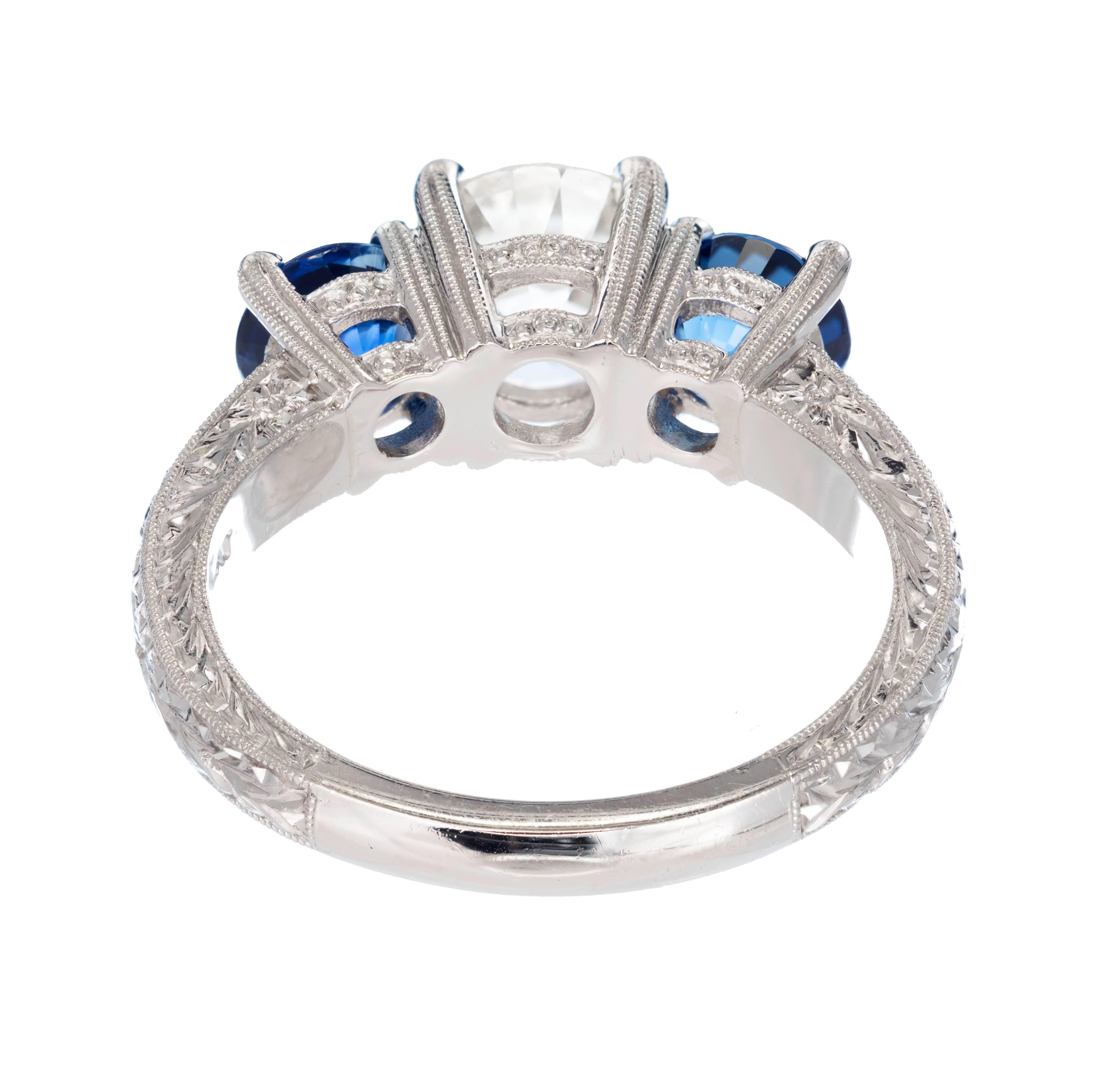 Peter Suchy 2.90 Carat Diamond Sapphire Three-Stone Platinum Engagement Ring In Good Condition In Stamford, CT