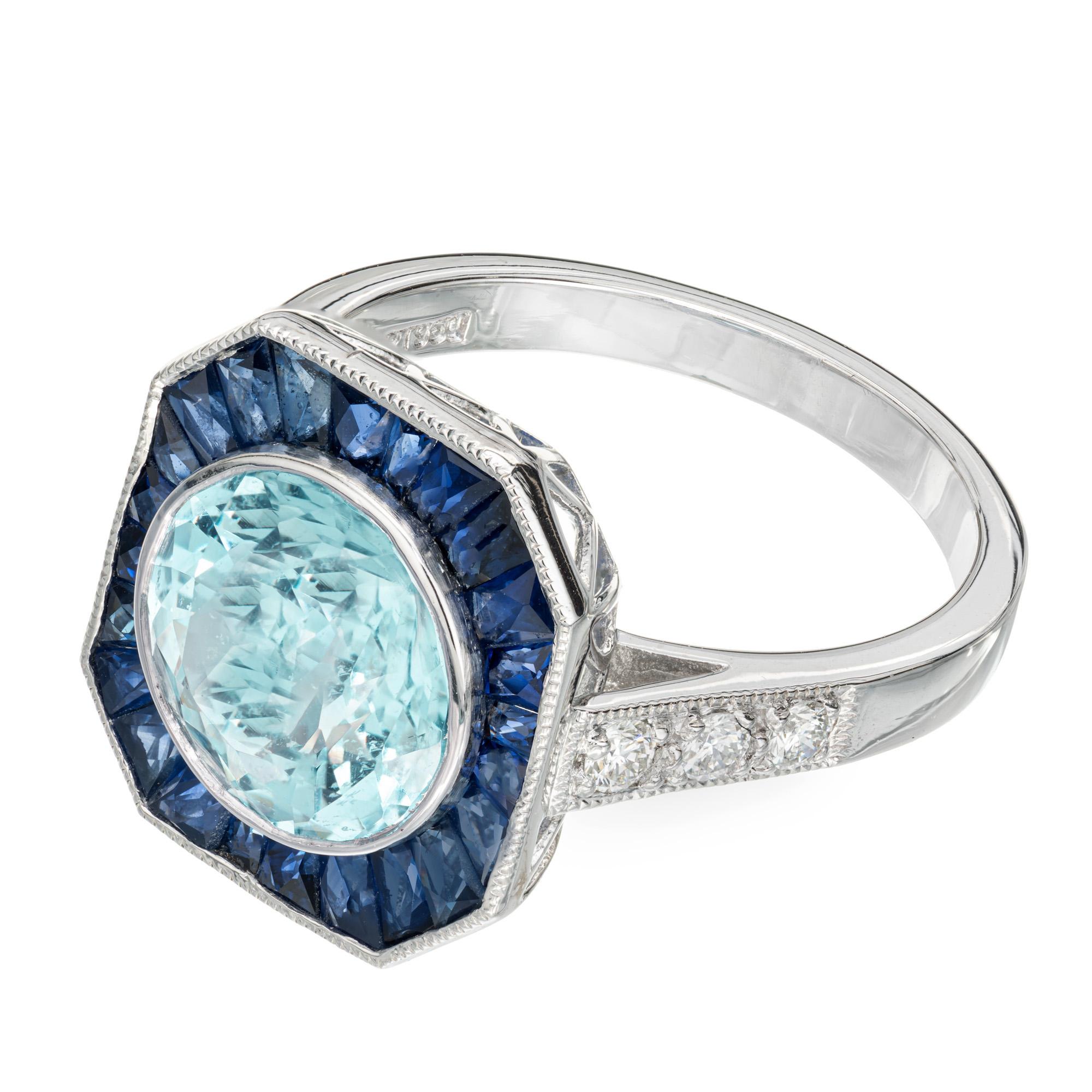 Round Cut Peter Suchy 2.96 Carat Aqua Halo Sapphire Diamond Platinum Ring