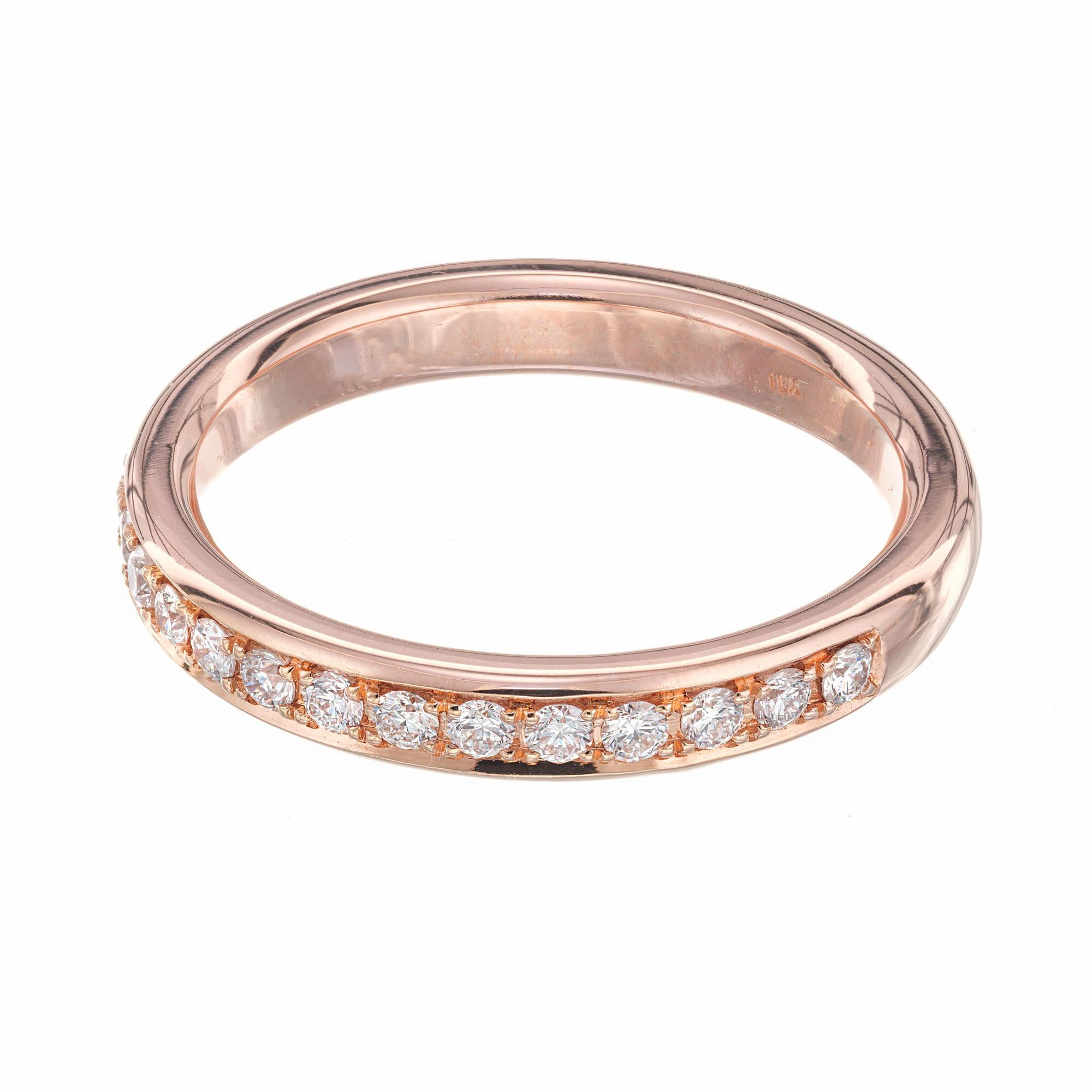 Peter Suchy diamond Eternity 18k rose gold wedding band. Custom made in Victorian Revival style hand set with 18 full cut bead set diamonds in a round band. Can be made in any finger size. 

18 round diamonds, approx. total weight .30cts, F, VS
Size