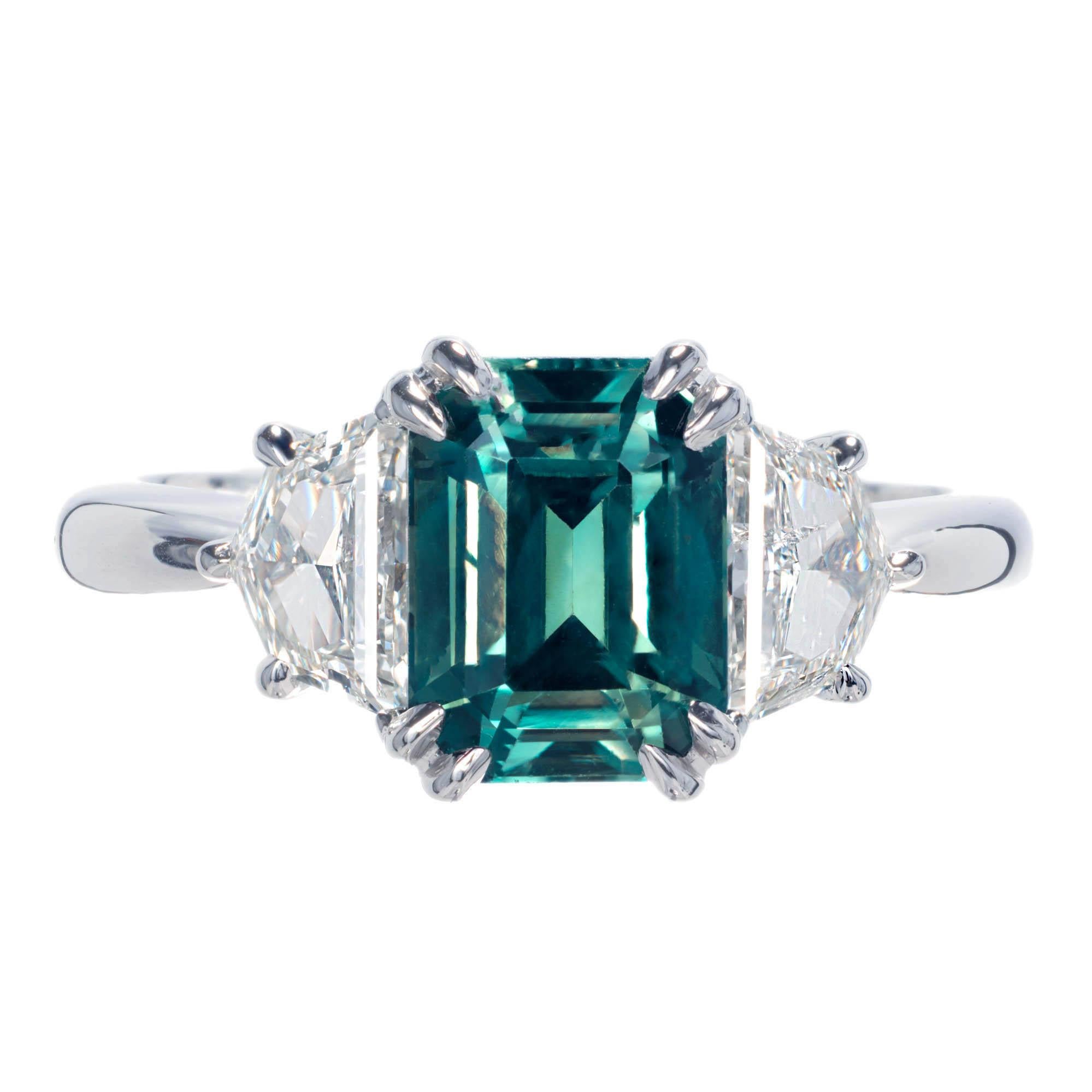 Peter Suchy 3.00 Carat Blue Green Sapphire Diamond Platinum Engagement Ring