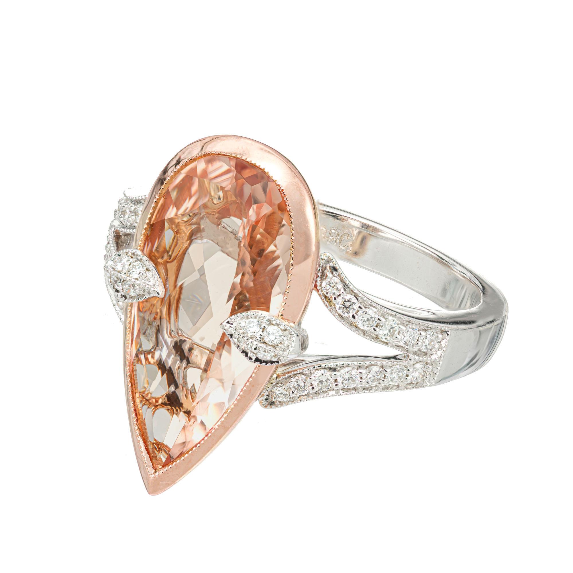 Morganite and diamond cocktail ring. 3.00 pear shape morganite center stone in a 18k rose gold bezel with 34 round brilliant cut diamonds in split shank 18k white gold setting, designed and crafted in the Peter Suchy workshop

1 pear shape