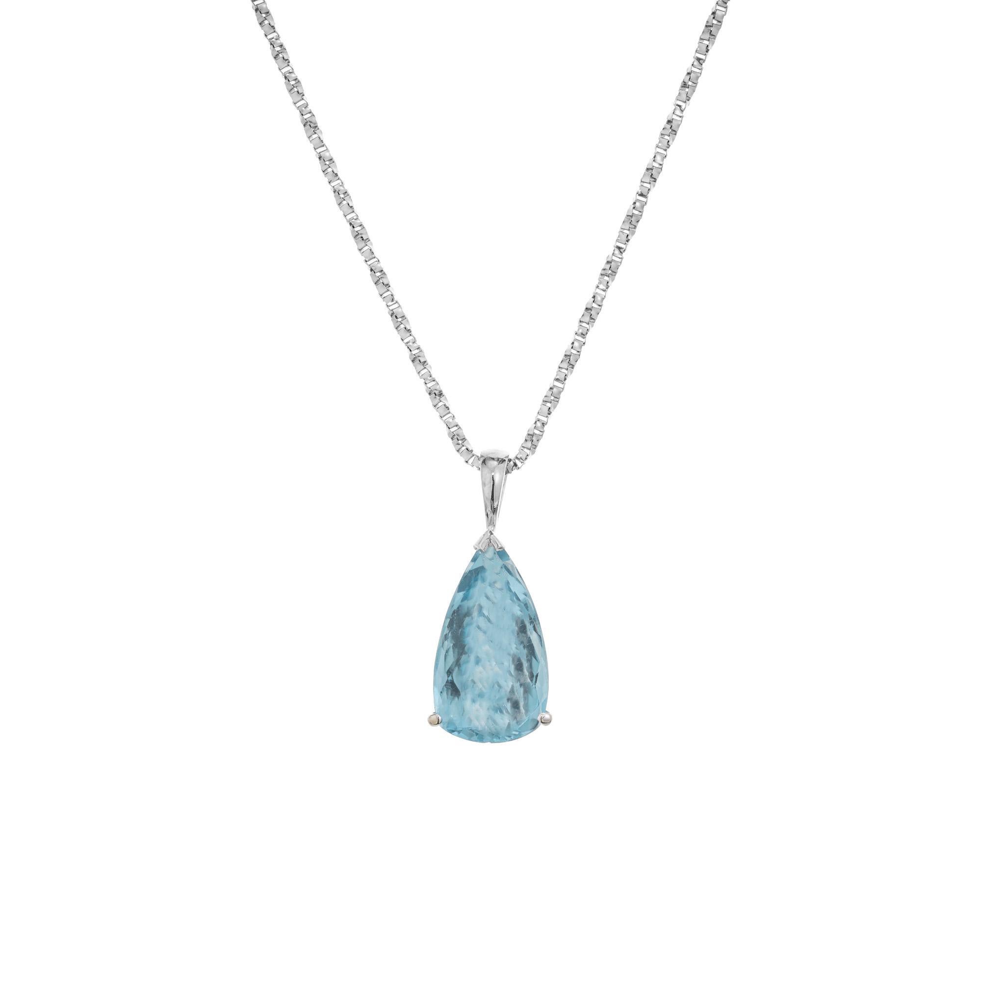Aquamarine pendant necklace. 3.00ct pear shaped aqua set in a simple classic pendant which dangles from a twisted box 18 Inch chain.  Designed and crafted in the Peter Suchy Workshop.

1 pear shape blue aqua, VS approx. 3.00cts
14k white gold
