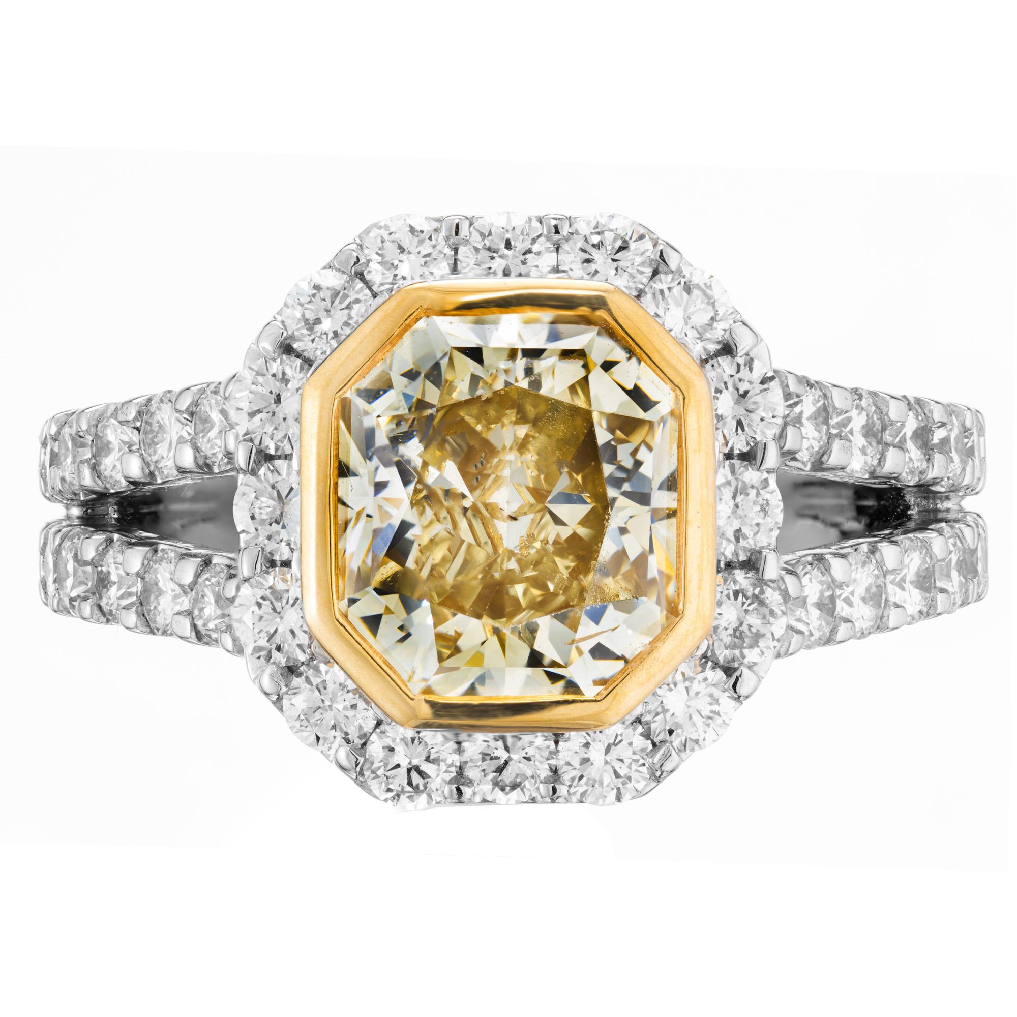 Radiant Cut Peter Suchy 3.03 Carat Natural Yellow Diamond Halo Platinum Engagement Ring For Sale