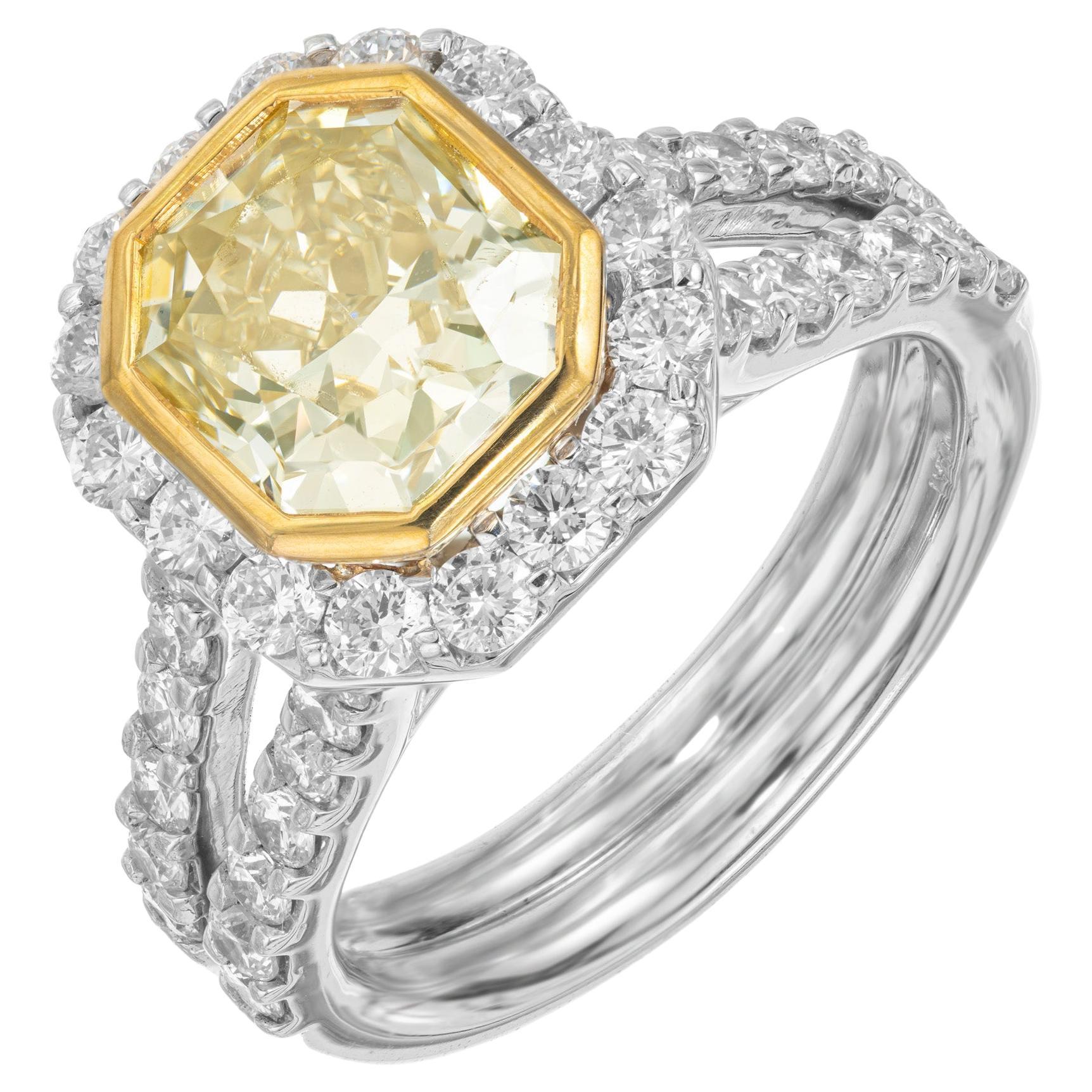Peter Suchy 3.03 Carat Natural Yellow Diamond Halo Platinum Engagement Ring For Sale