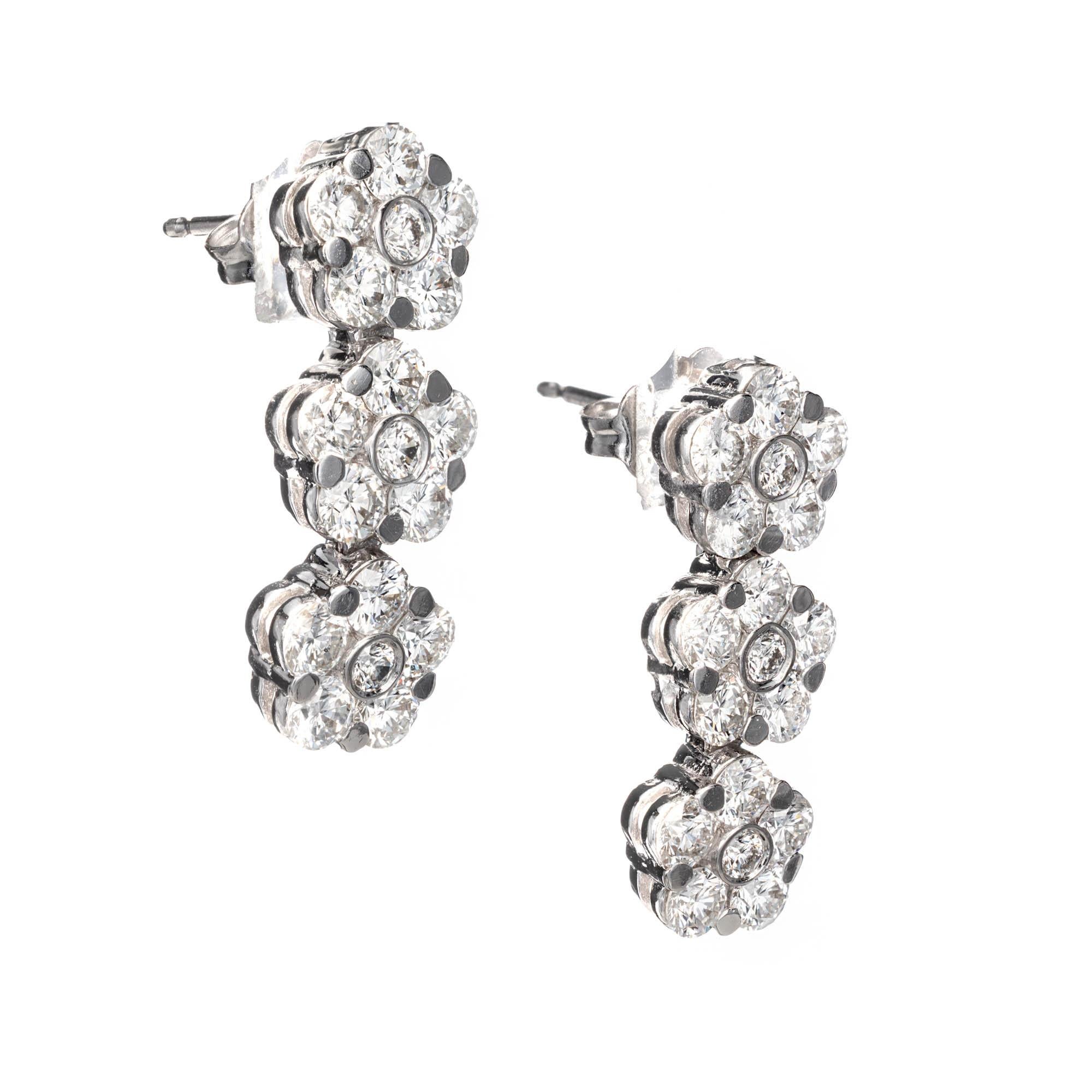 Round Cut Peter Suchy 3.18 Carat White Gold Triple-Cluster Dangle Earrings