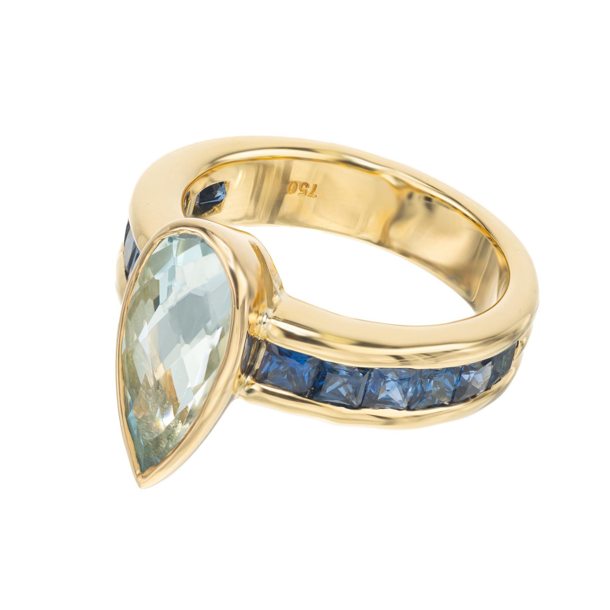 Pear Cut Peter Suchy 3.19 Carat Pear Aquamarine Sapphire Yellow Gold Ring For Sale