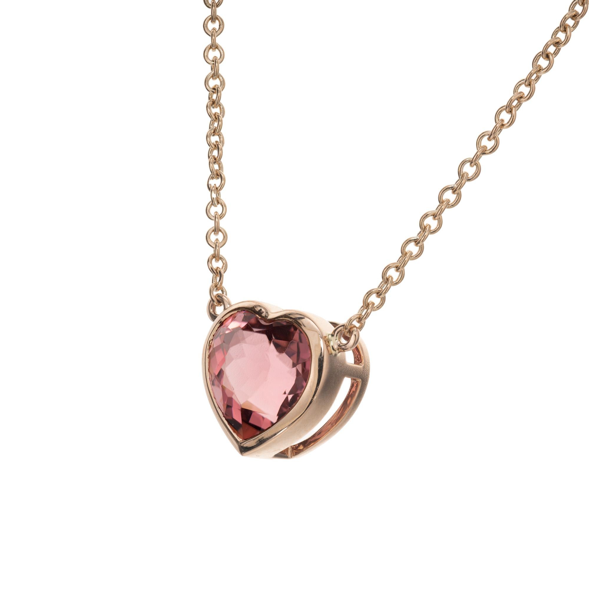 Heart Cut Peter Suchy 3.29 Carat Pink Tourmaline Rose Gold Heart Pendant Necklace For Sale
