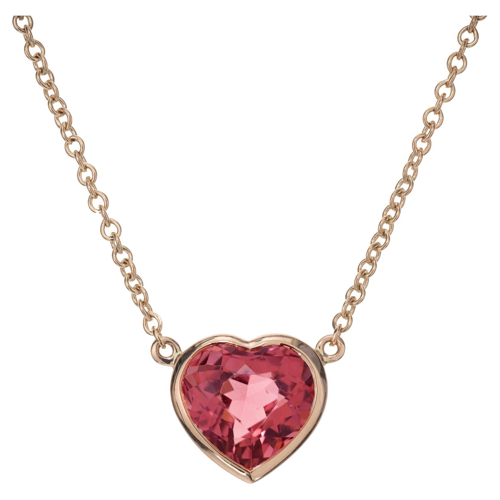 Peter Suchy 3.29 Carat Pink Tourmaline Rose Gold Heart Pendant Necklace For Sale