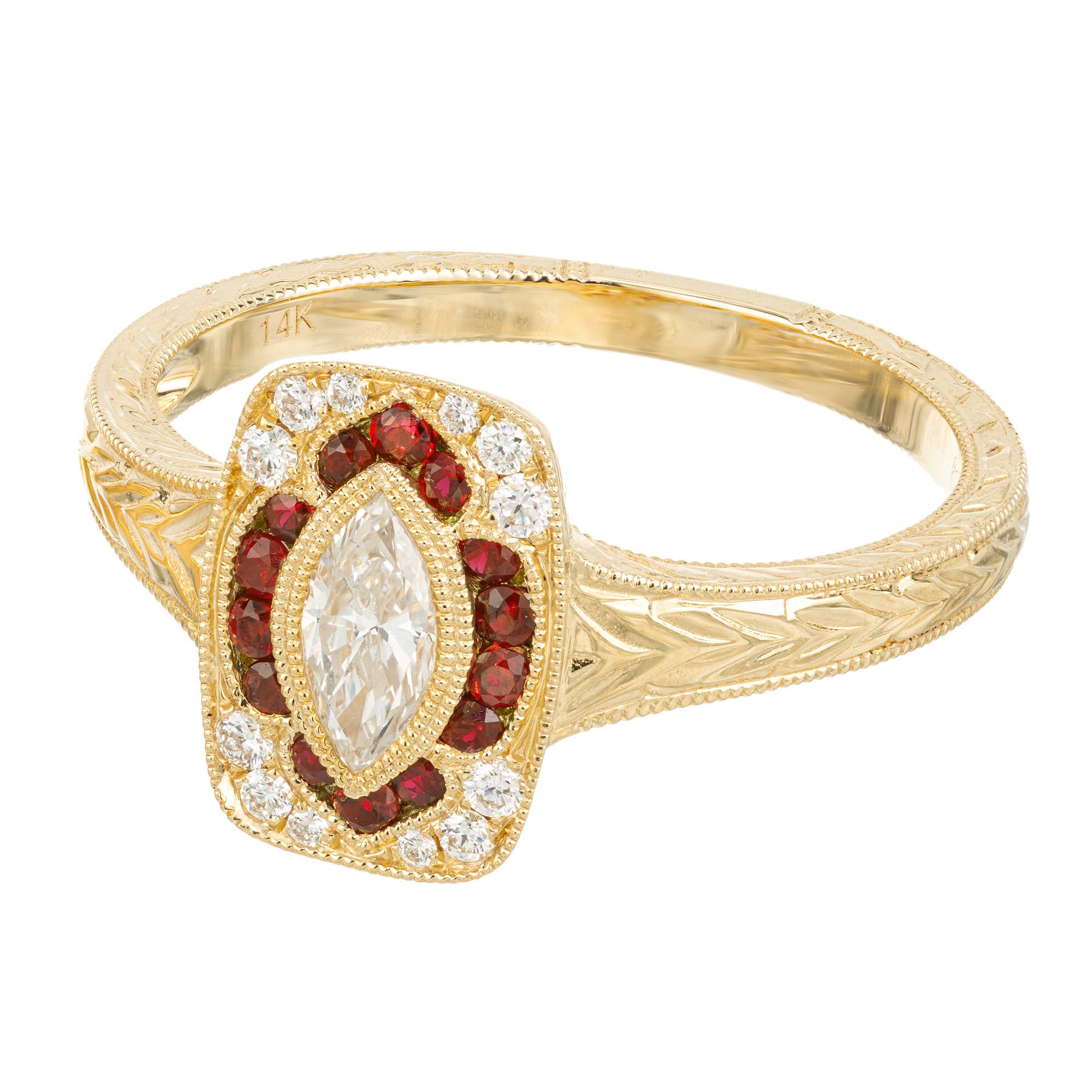 For Sale:  Peter Suchy .33 Carat Marquise Diamond Ruby Yellow Gold Engagement Ring  2