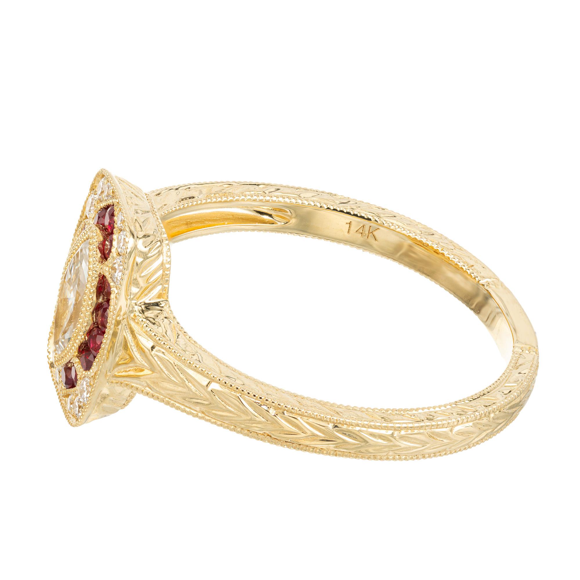 En vente :  Peter Suchy Bague de fiançailles en or jaune ornée d'un diamant marquise de 0,33 carat et d'un rubis  3