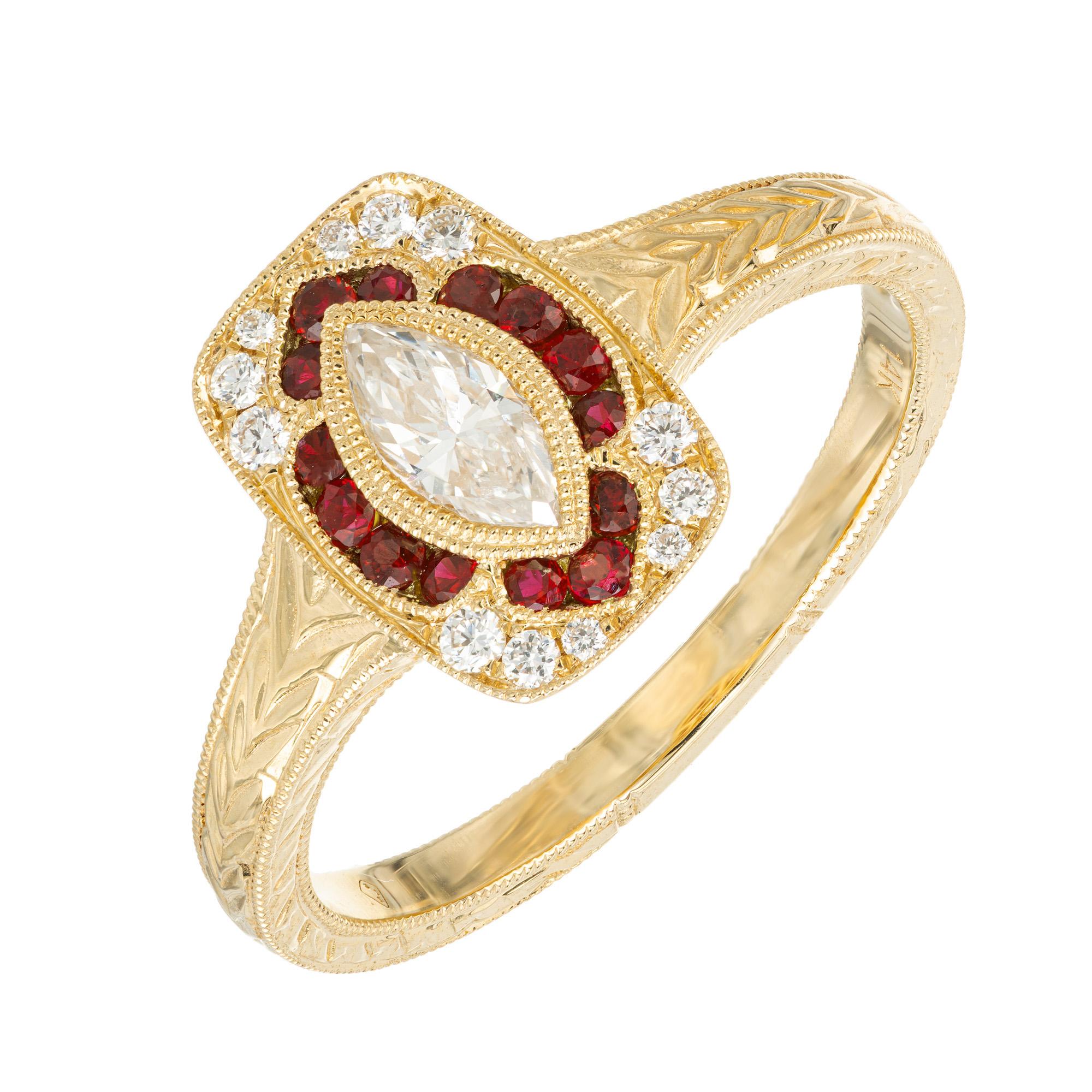 En vente :  Peter Suchy Bague de fiançailles en or jaune ornée d'un diamant marquise de 0,33 carat et d'un rubis  4