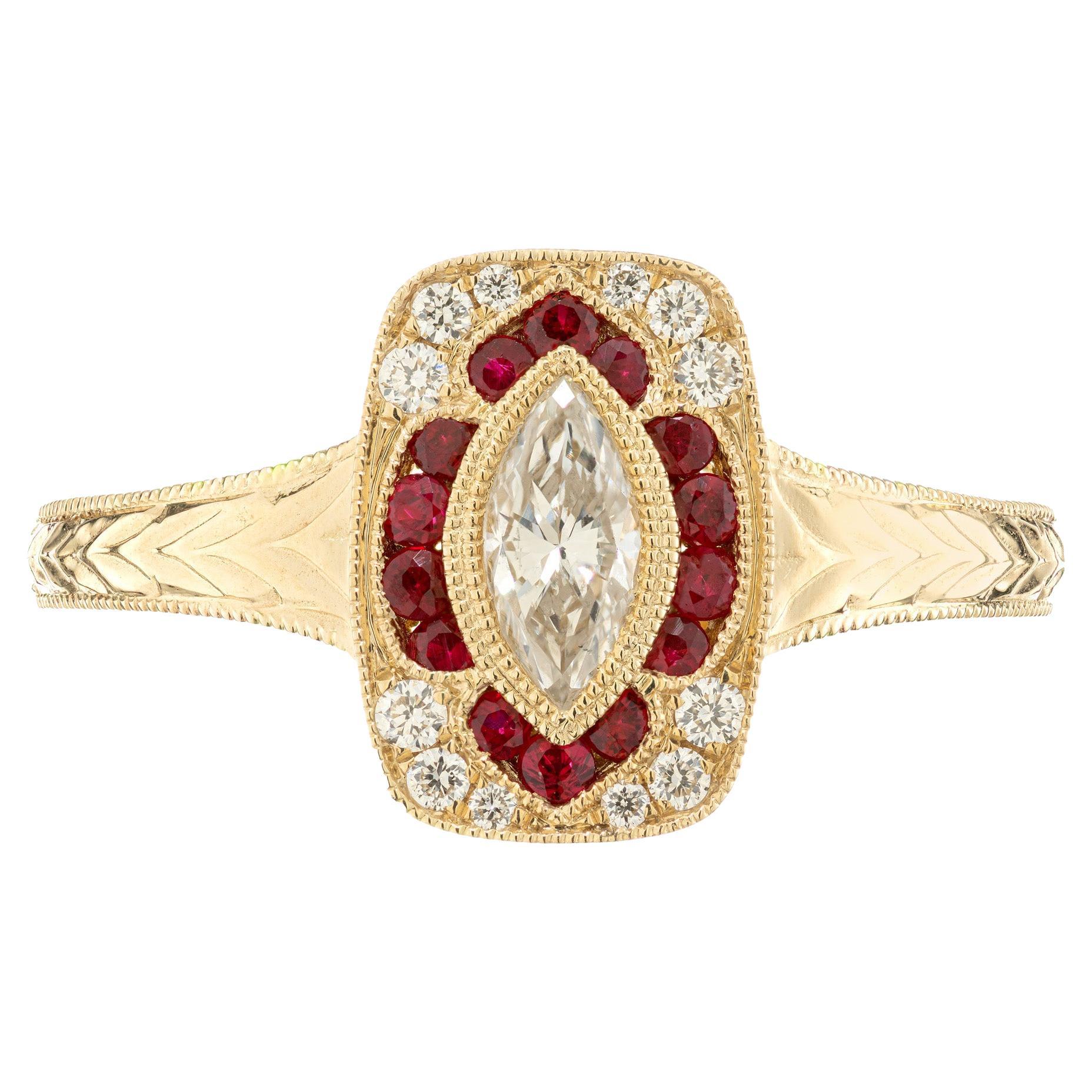 For Sale:  Peter Suchy .33 Carat Marquise Diamond Ruby Yellow Gold Engagement Ring