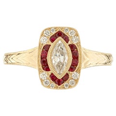Peter Suchy .33 Carat Marquise Diamond Ruby Yellow Gold Engagement Ring 