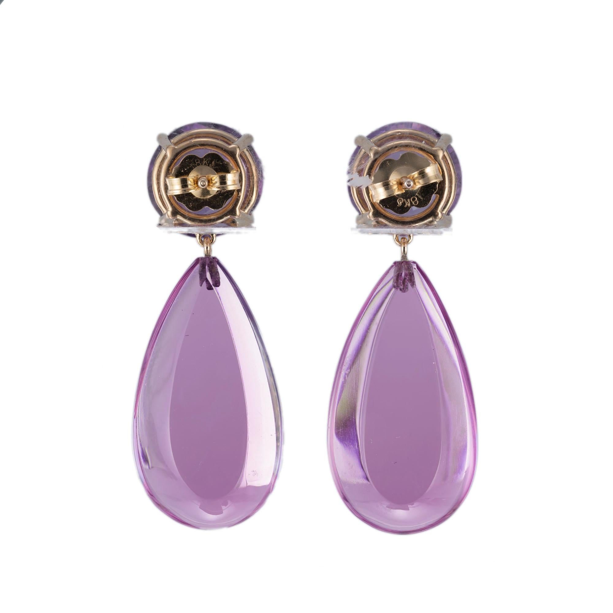 Round Cut Peter Suchy 34.82 Carat Amethyst Yellow Gold Dangle Earrings For Sale