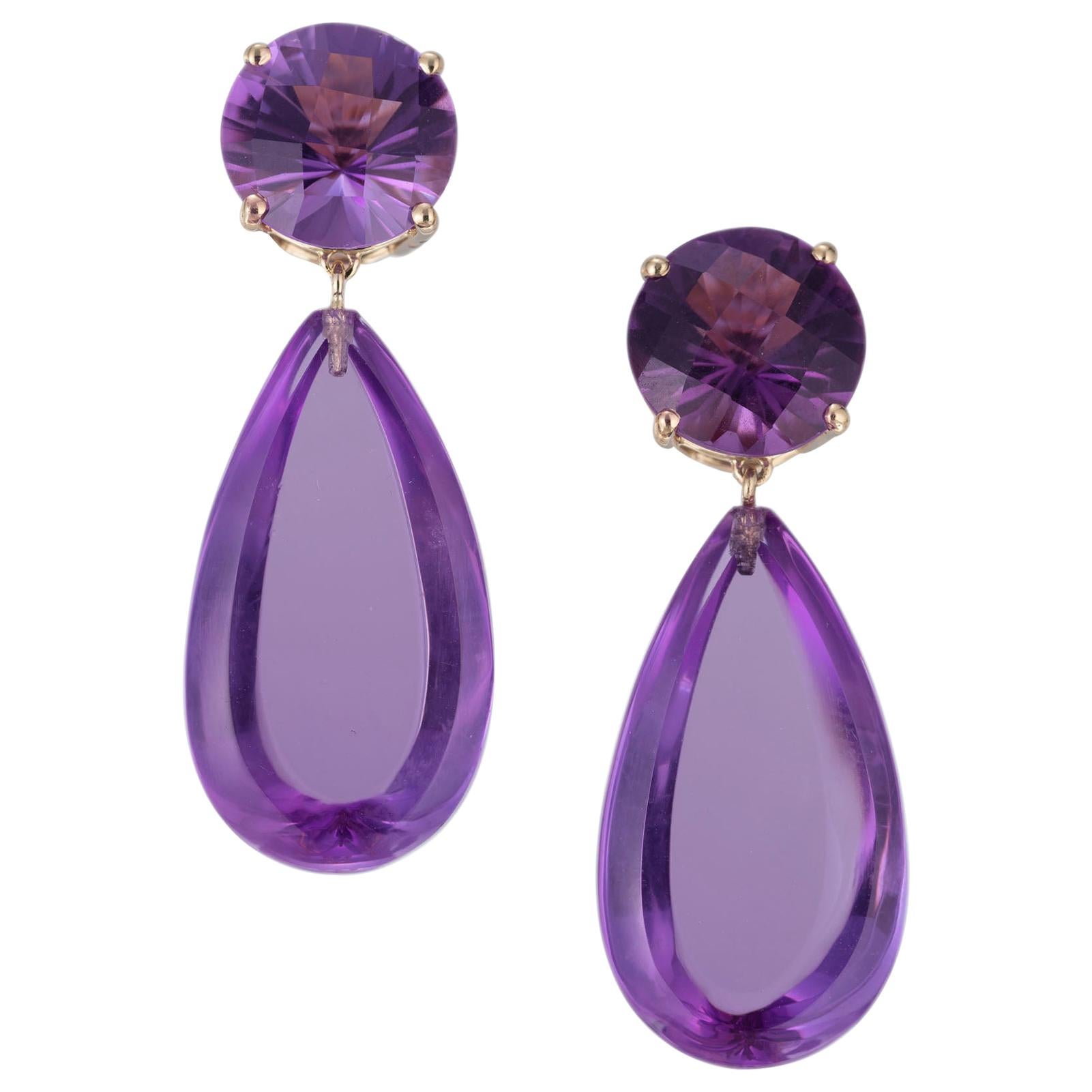 Peter Suchy 34.82 Carat Amethyst Yellow Gold Dangle Earrings For Sale