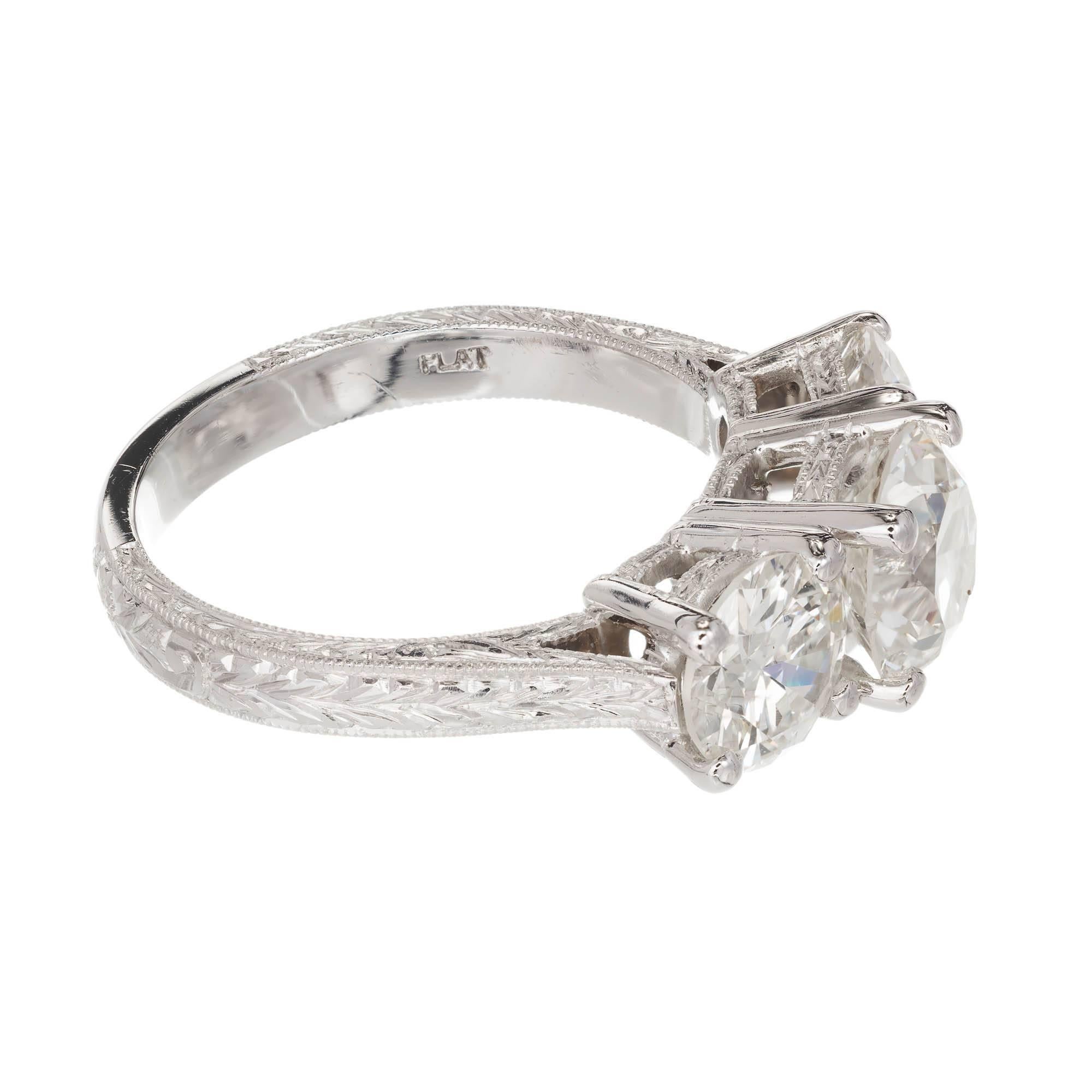 Old European Cut Peter Suchy 3.63 Carat Diamond Cut Three-Stone Platinum Engagement Ring