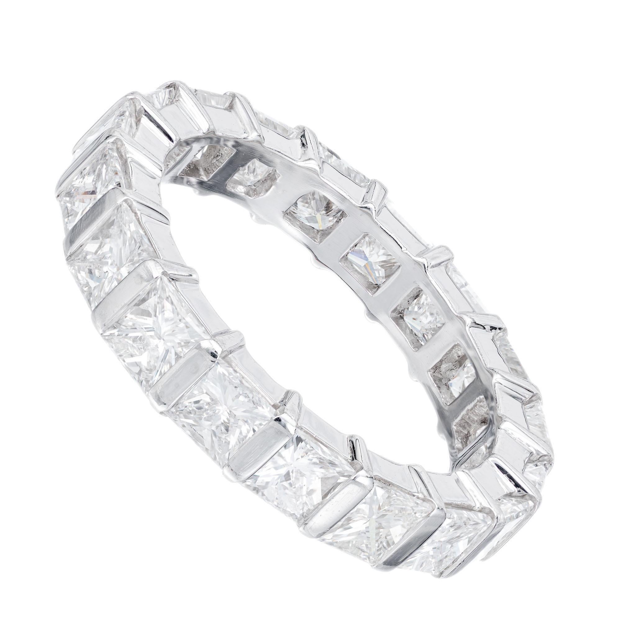 18 diamond princess cut wedding band ring. Low to the finger custom made Platinum setting with 3.64 cts of diamonds. Created in the Peter Suchy Workshop. 

18 Princess cut diamonds, 3.3 to 3.4mm, approx. total weight 3.64cts, F, VS1 to SI1
Size 7