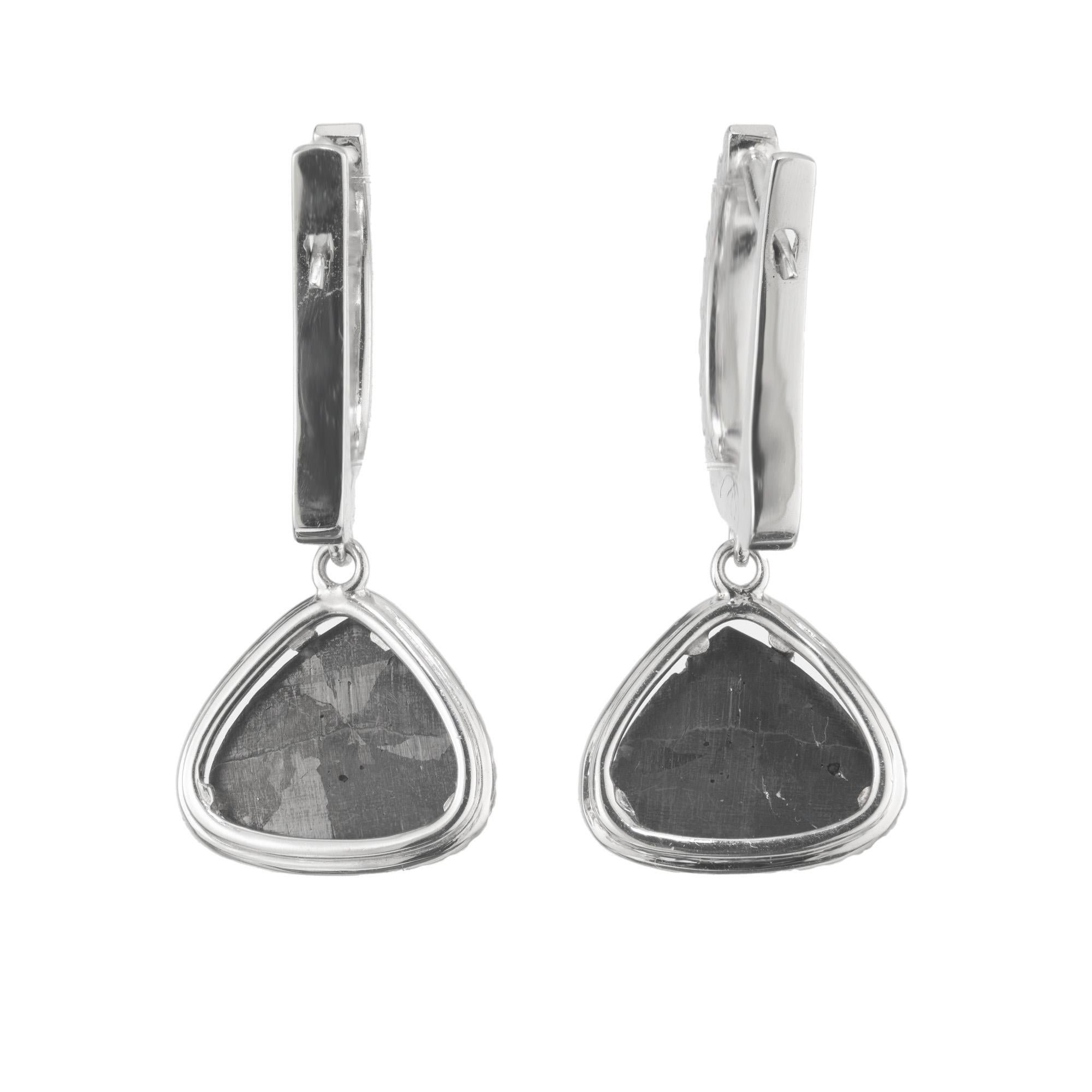 Uncut Peter Suchy 3.89 Carat Black Diamond Halo Gold Dangle Earrings For Sale
