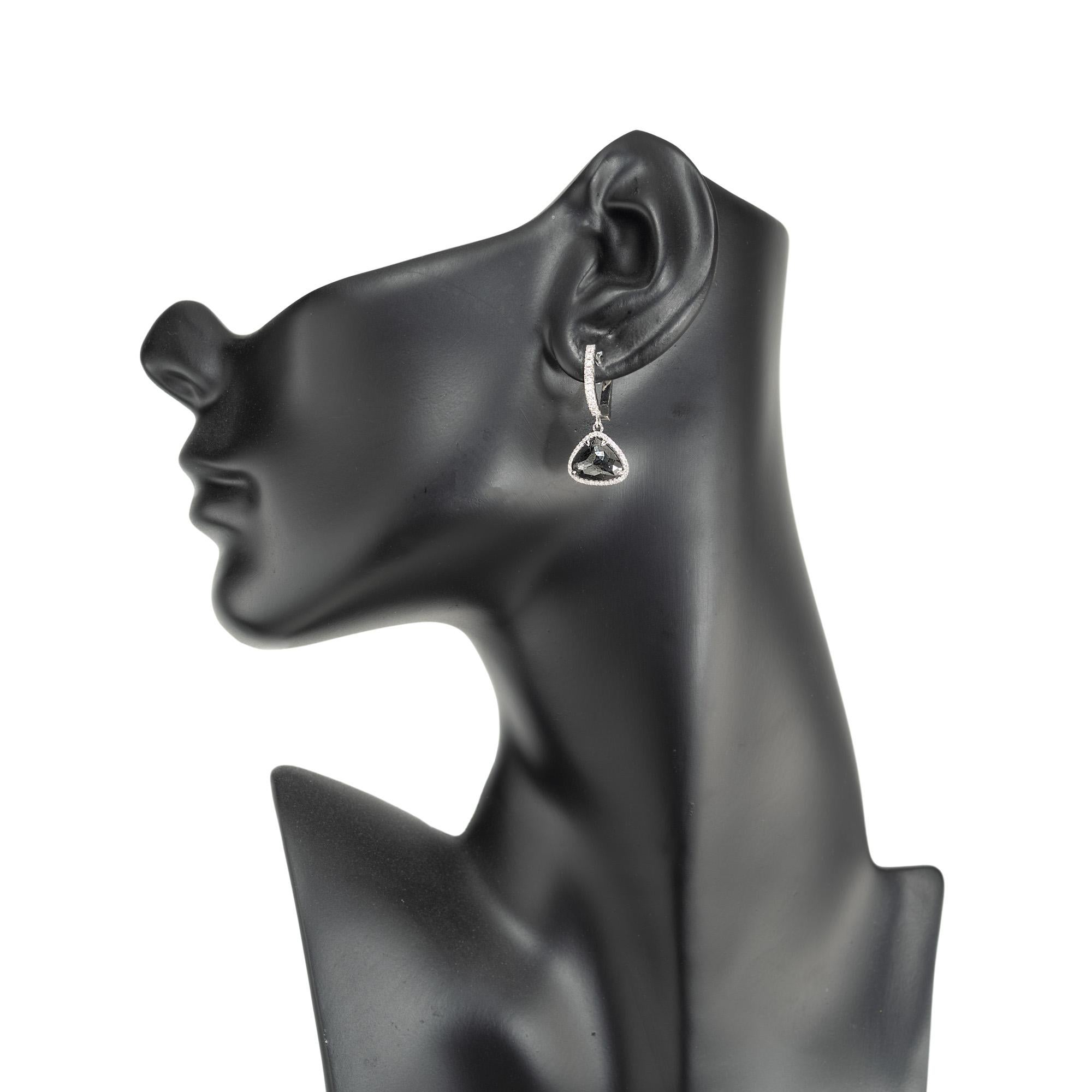Peter Suchy 3.89 Carat Black Diamond Halo Gold Dangle Earrings For Sale 2