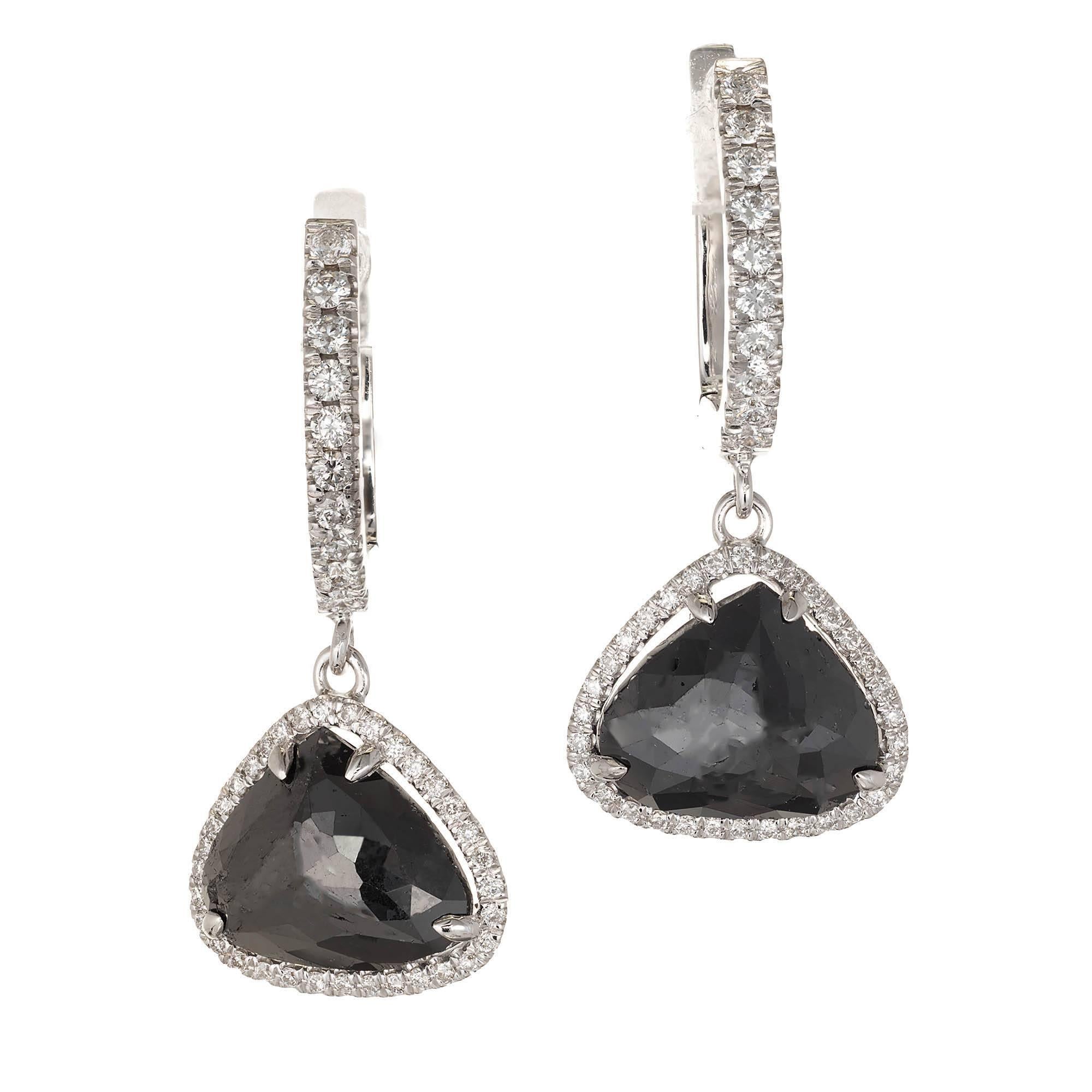 Peter Suchy 3.89 Carat Black Diamond Halo Gold Dangle Earrings For Sale