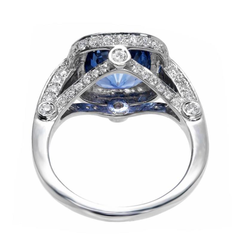 Women's Peter Suchy 3.91 Carat Cushion Sapphire Diamond Halo Platinum Engagement Ring For Sale
