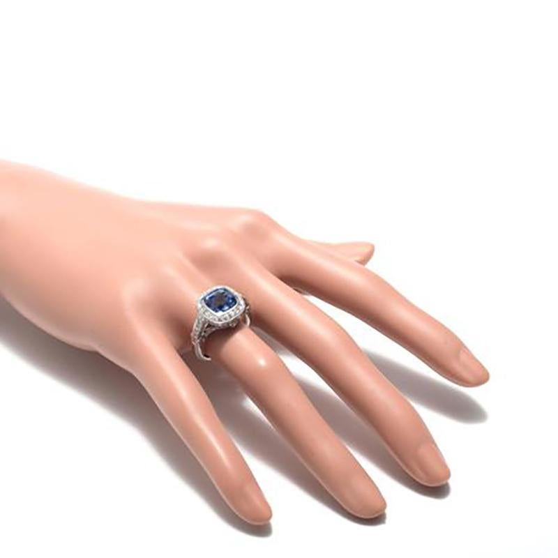 Peter Suchy 3.91 Carat Cushion Sapphire Diamond Halo Platinum Engagement Ring For Sale 1