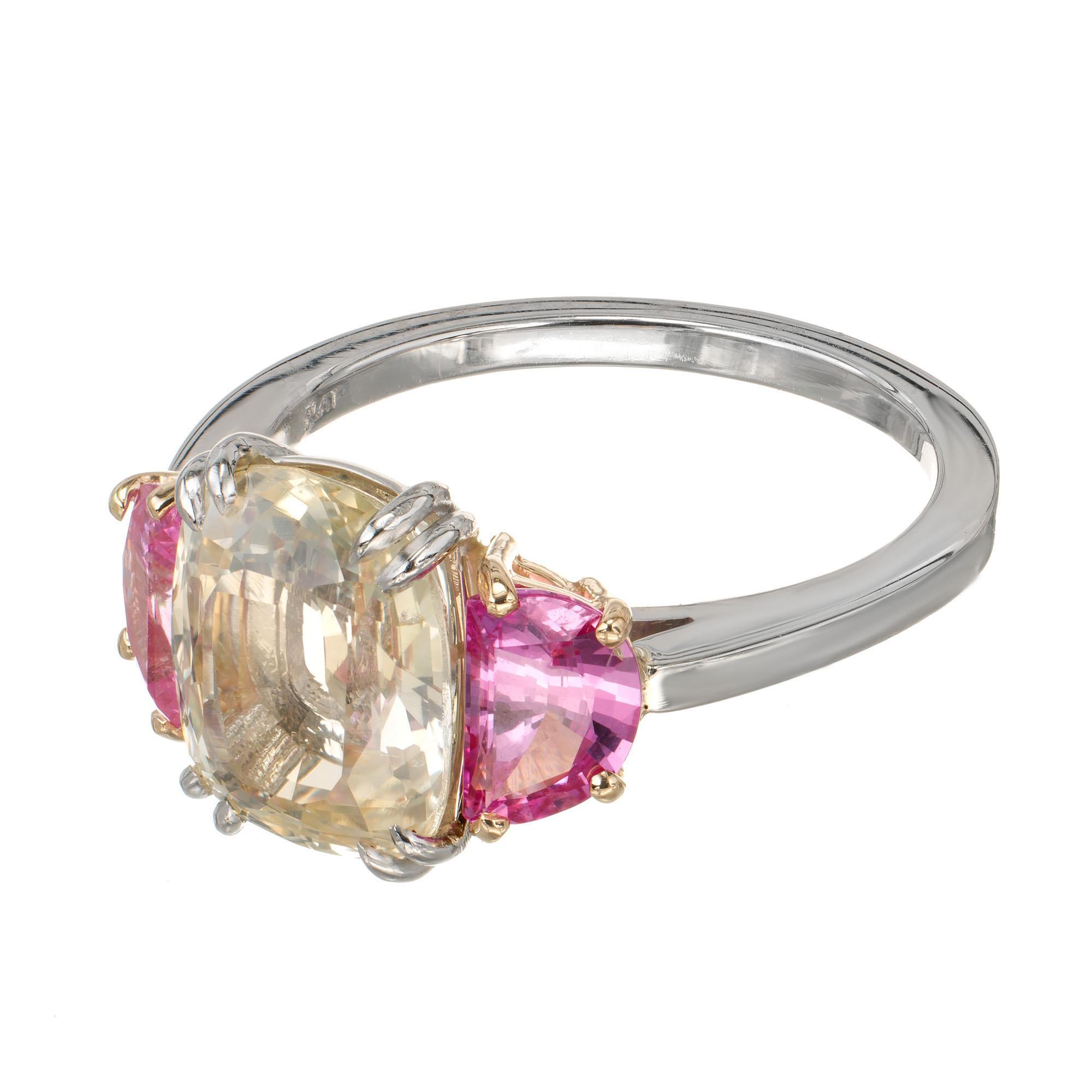 Cushion Cut Peter Suchy 3.91 Yellow Pink Sapphire Platinum Gold Three-Stone Engagement Ring For Sale