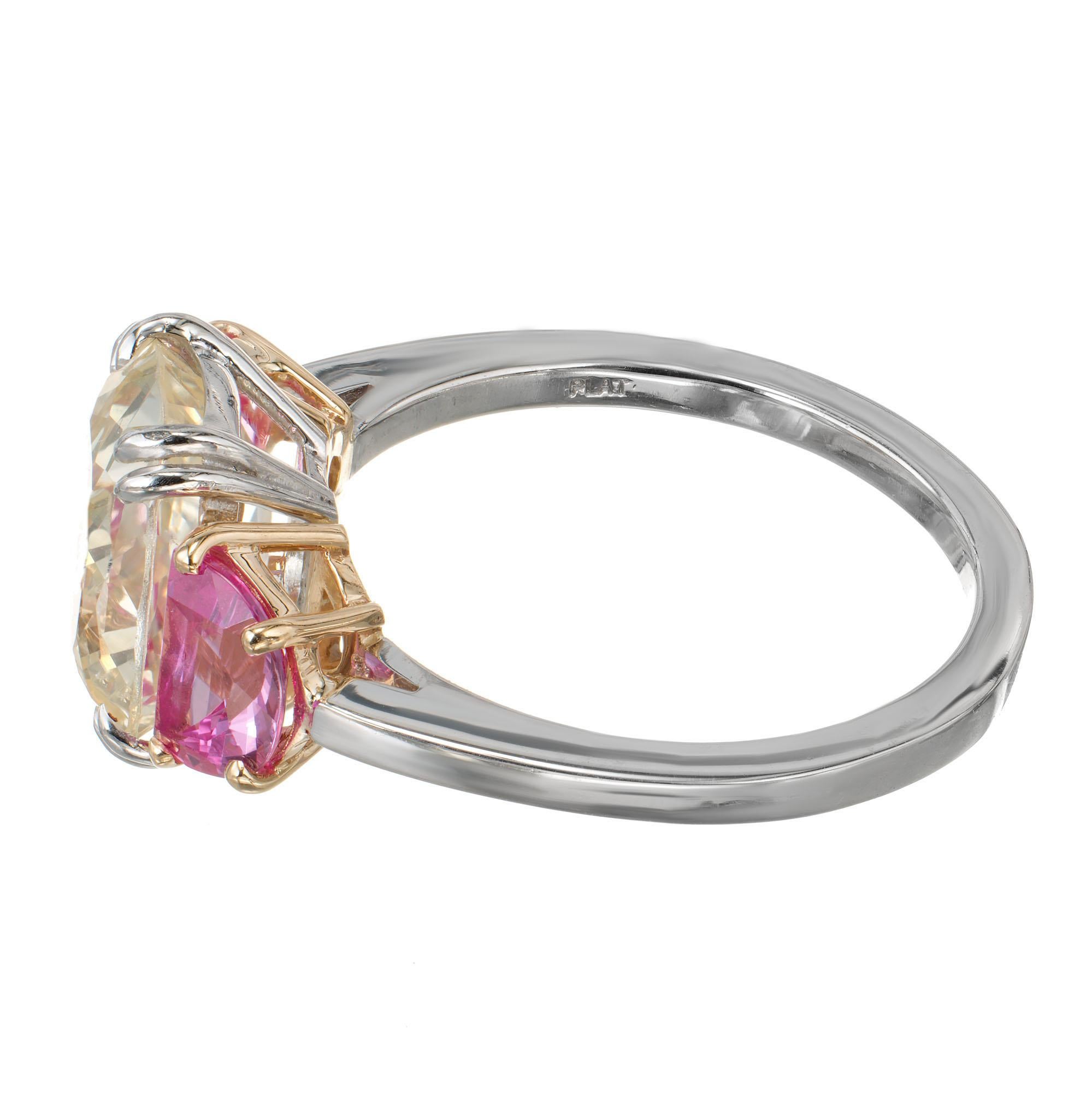 Peter Suchy 3.91 Yellow Pink Sapphire Platinum Gold Three-Stone Engagement Ring In New Condition For Sale In Stamford, CT