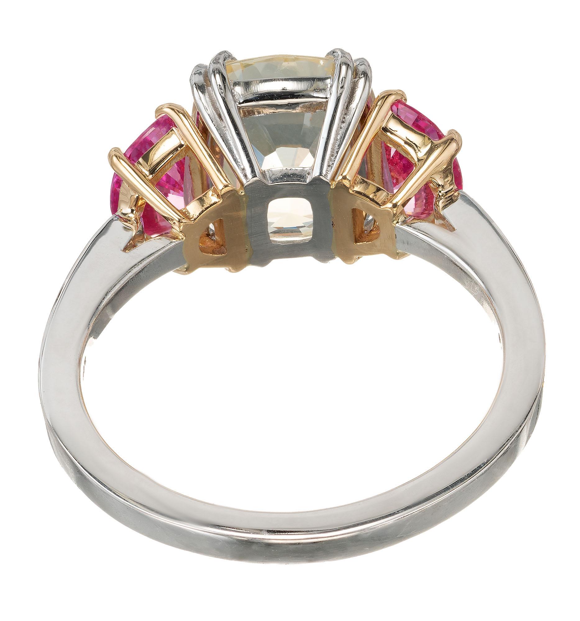 Women's Peter Suchy 3.91 Yellow Pink Sapphire Platinum Gold Three-Stone Engagement Ring For Sale