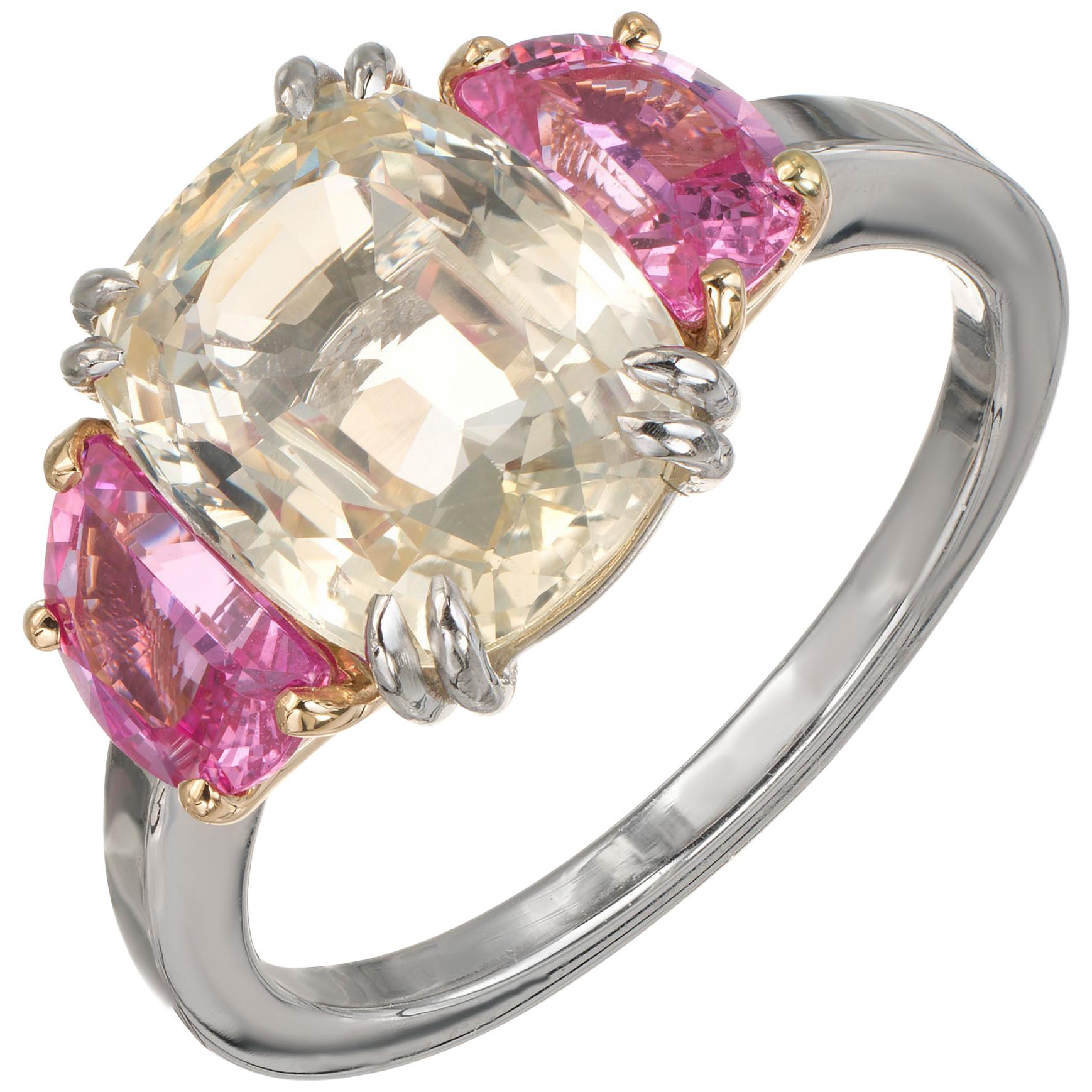 Peter Suchy 3.91 Yellow Pink Sapphire Platinum Gold Three-Stone Engagement Ring For Sale