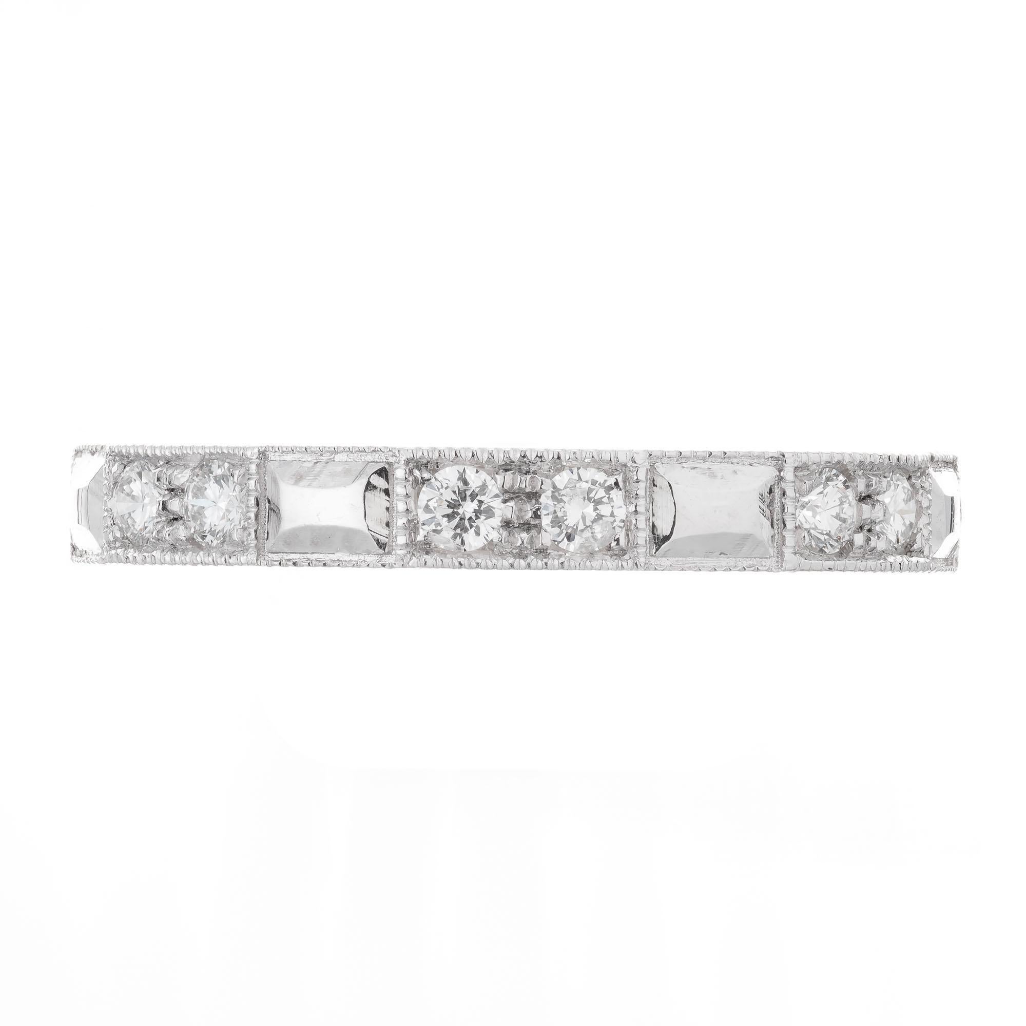 Peter Suchy custom-made diamond platinum antique inspired wedding band with alternating double round diamonds, pave sections separated by platinum rectangles. Created in the Peter Suchy Workshop

14 round ideal brilliant cut diamonds, F-G VS approx.