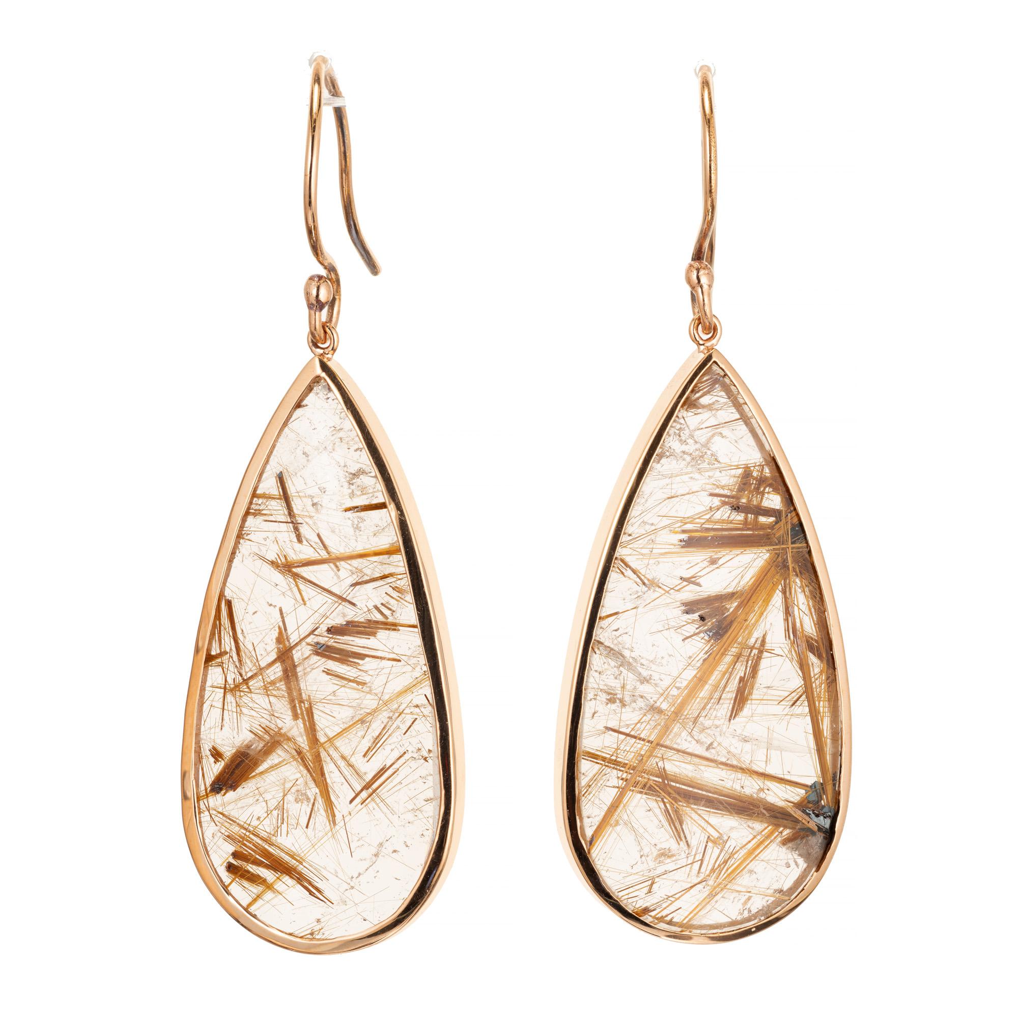 Pear Cut Peter Suchy 40.66 Carat Rutile Quartz Crystal Rose Gold Dangle Earrings For Sale