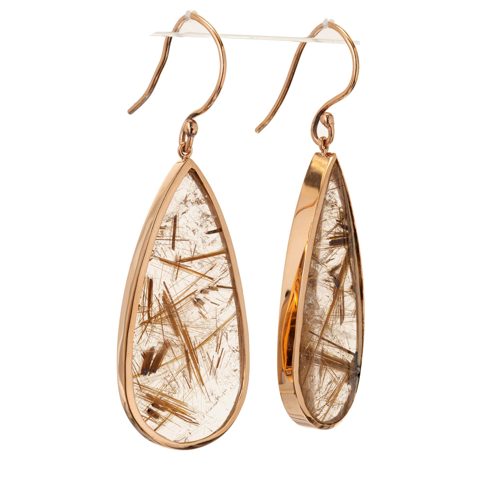 Peter Suchy 40.66 Carat Rutile Quartz Crystal Rose Gold Dangle Earrings In New Condition For Sale In Stamford, CT