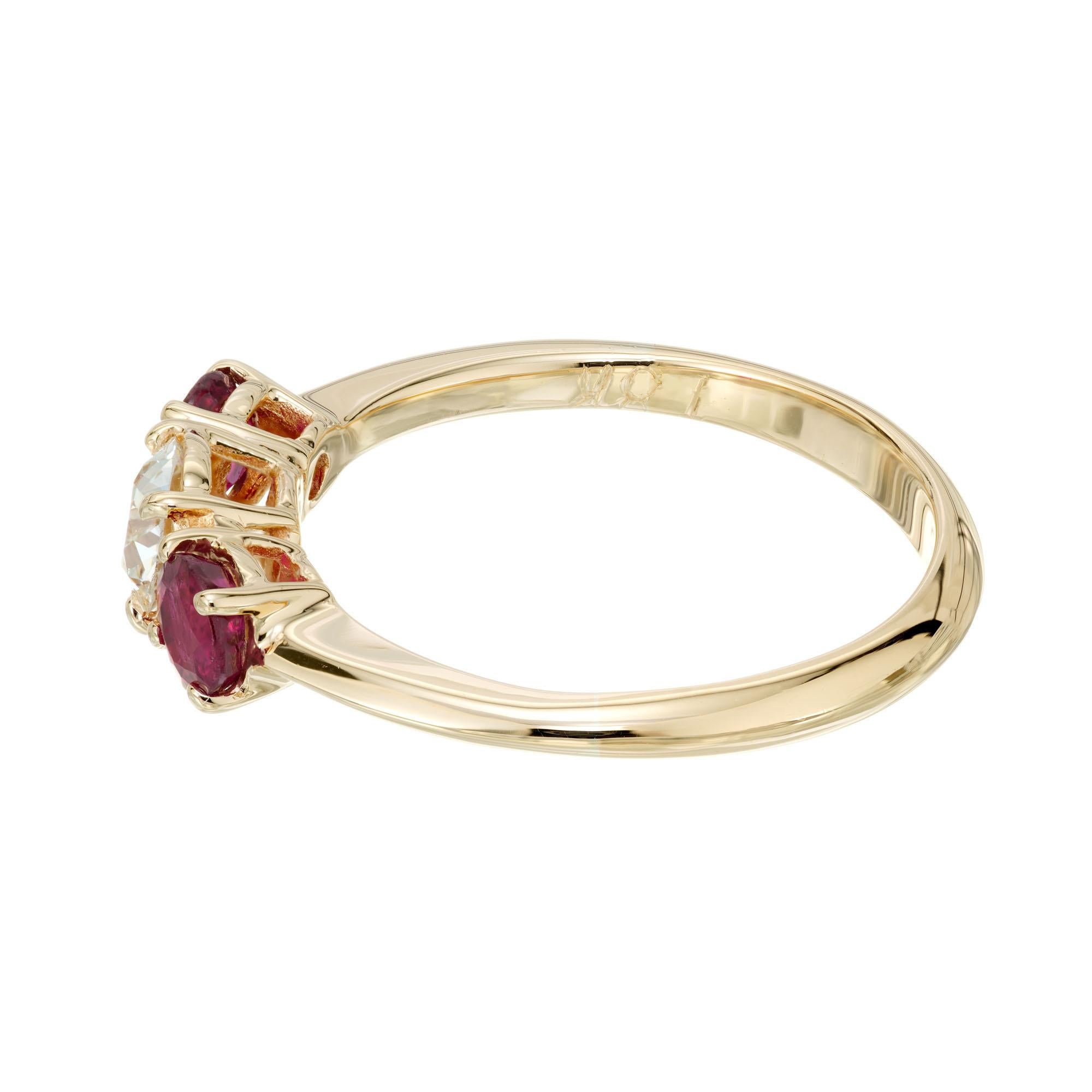 Old European Cut Peter Suchy .42 Carat Diamond Ruby Yellow Gold Three-Stone Engagement Ring For Sale