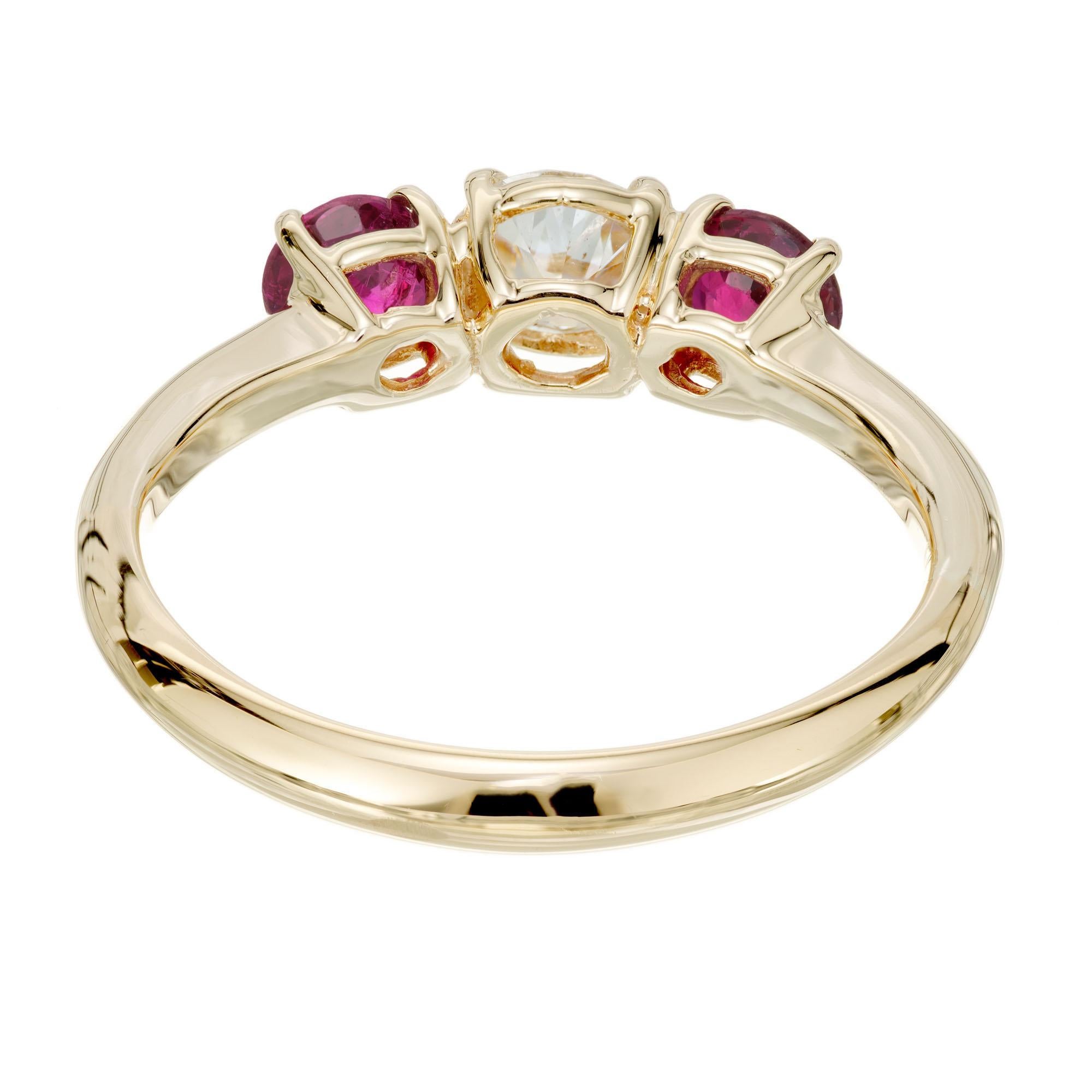 Old European Cut Peter Suchy .42 Carat Diamond Ruby Yellow Gold Three-Stone Engagement Ring For Sale