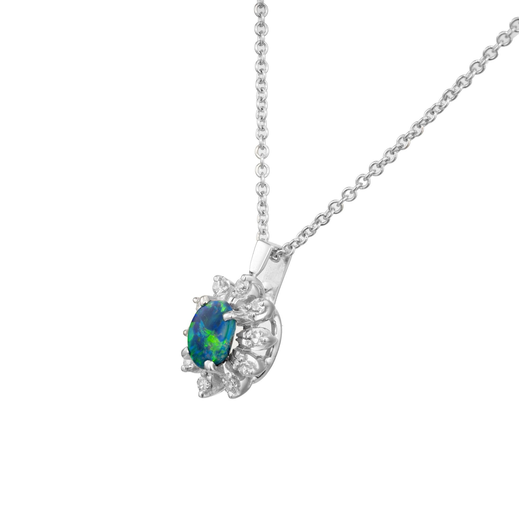 Oval Cut Peter Suchy .43 Carat Black Opal Diamond White Gold Pendant Necklace For Sale