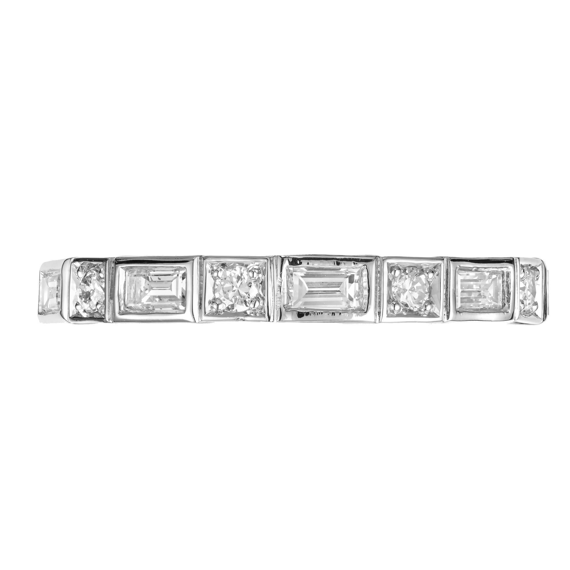 Art Deco inspired baguette and round diamond half way around platinum wedding band ring. Designed and crafted in the Peter Suchy workshop

4 round full cut diamonds, G H SI approx. .10cts
5 straight cut baguette diamonds, G-H VS approx. .33cts
Size