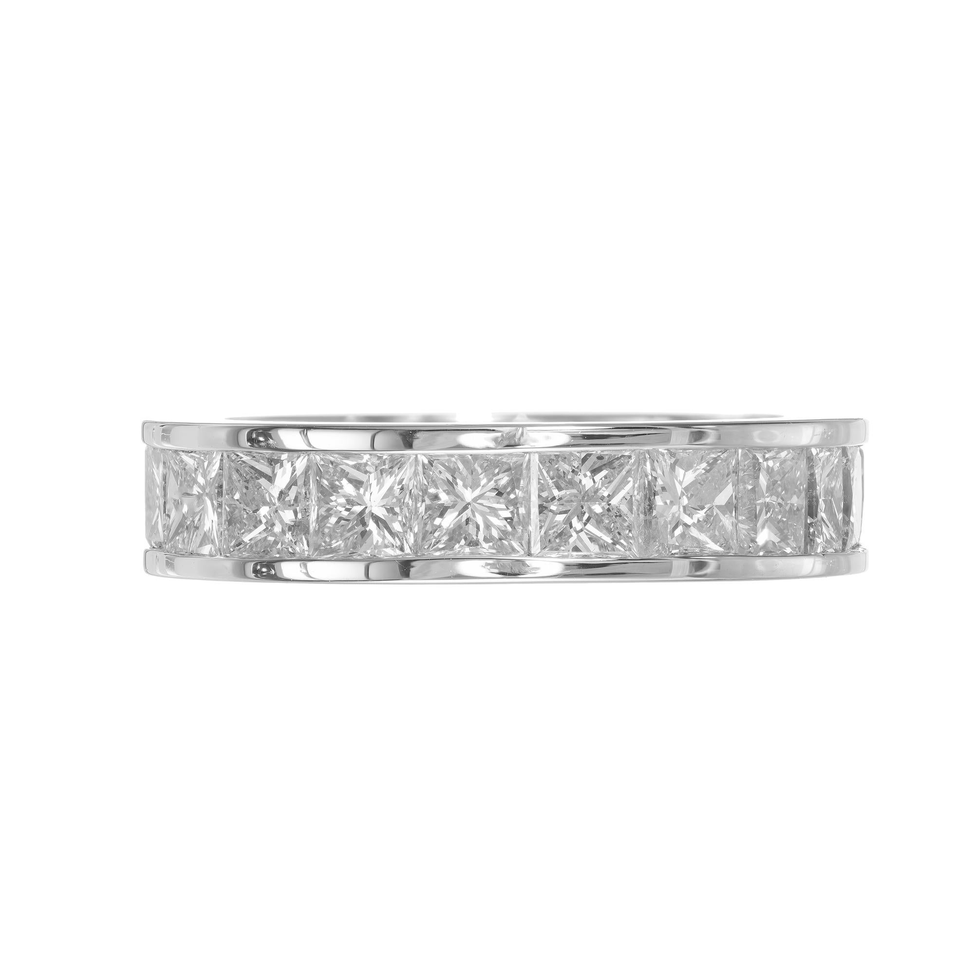 Solid platinum Ideal princess cut diamond eternity ring with 4.32 carats of fine white well-cut diamonds. The ring was made in the Peter Suchy Workshop. 

20 princess cut F-G VS SI diamonds, Approximate 4.32cts
Size 6- other sizes order