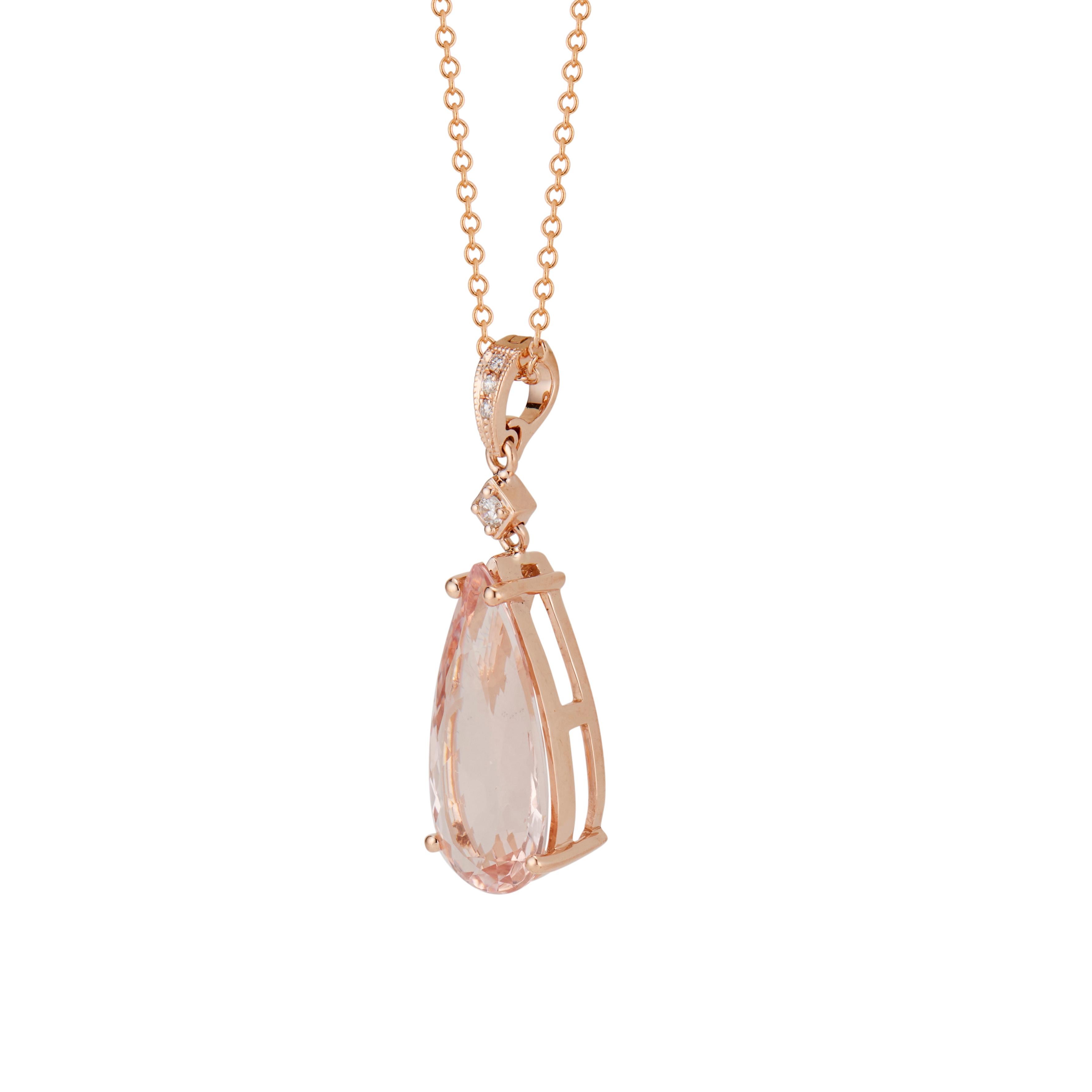 Morganite and diamond pendant necklace. Soft pink pear shape morganite with diamond accents in 14k rose gold. 17 inches in length. Designed and crafted in the Peter Suchy workshop

1 pear shape pink morganite, approx. 4.38cts
1 round brilliant cut