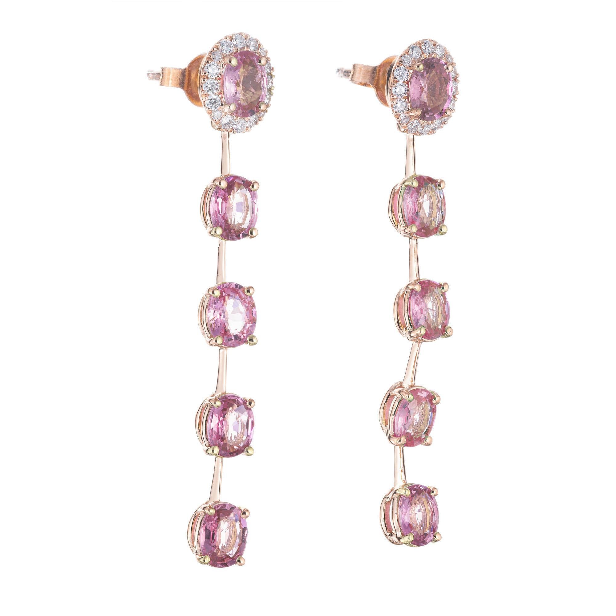 Pink sapphire and diamond dangle drop earrings. 10 oval pink sapphires with diamond halos on top two sapphires in 14k rose gold. Created in the Peter Suchy Workshop.  

10 oval pink sapphires, SI approx. 4.50cts natural-simple heat only 
32 round