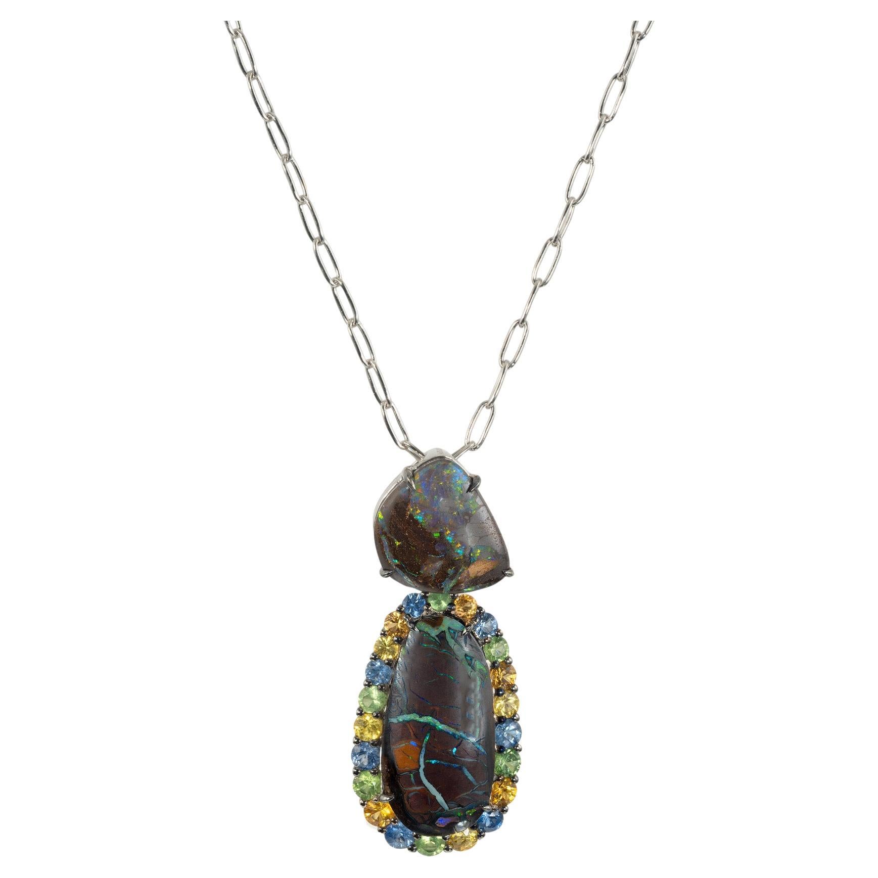 Peter Suchy 4.90 Carat Boulder Opal Garnet Sapphire White Gold Pendant Necklace