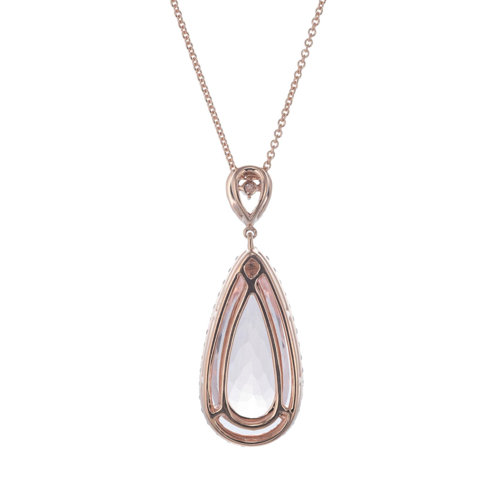 Pear Cut Peter Suchy 5.00 Carat Morganite Diamond Rose Gold Halo Pendant Necklace For Sale