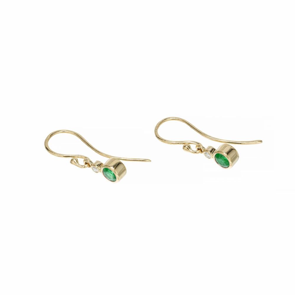 Round Cut Peter Suchy .52 Carat Emerald Diamond Yellow Gold Dangle Earrings  For Sale