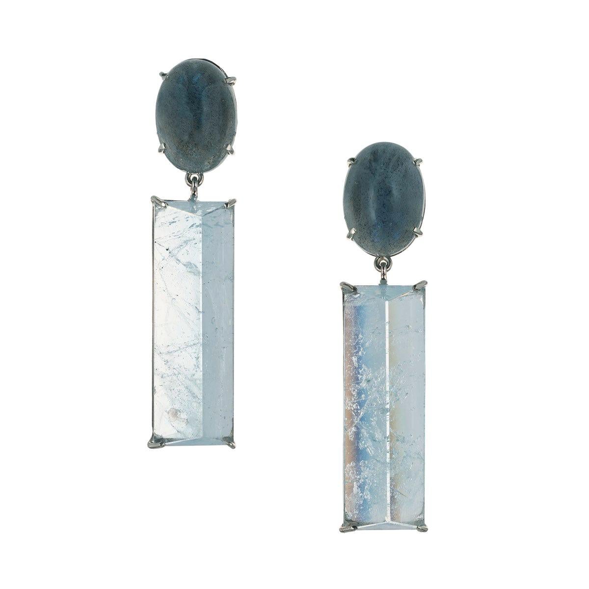 Pendants d'oreilles Peter Suchy en or blanc avec topaze bleue et labradorite de 52,70 carats