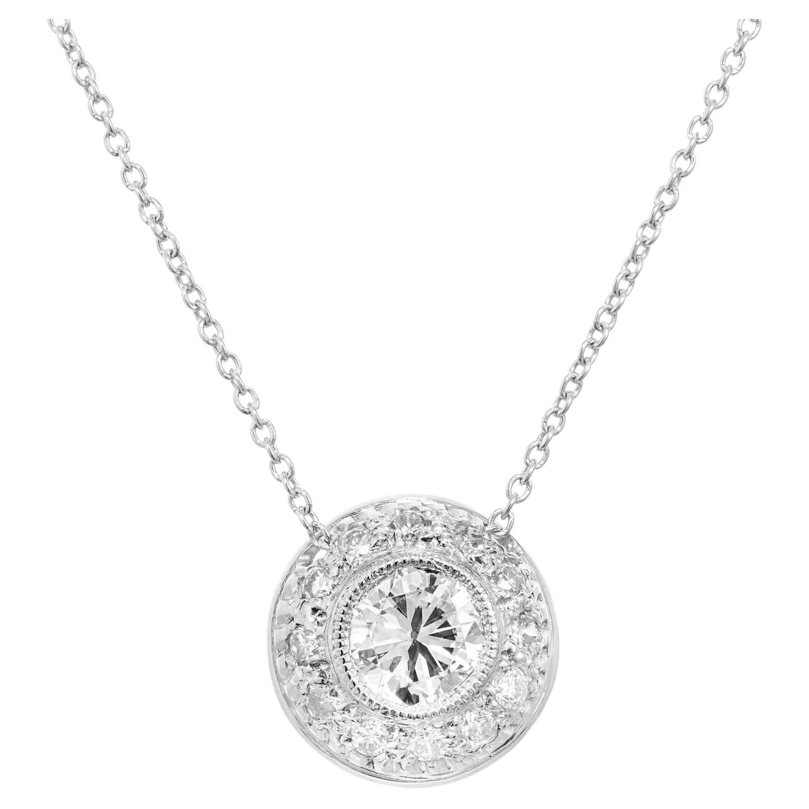 Peter Suchy .53 Carat Round Diamond Platinum Halo Pendant Necklace  For Sale