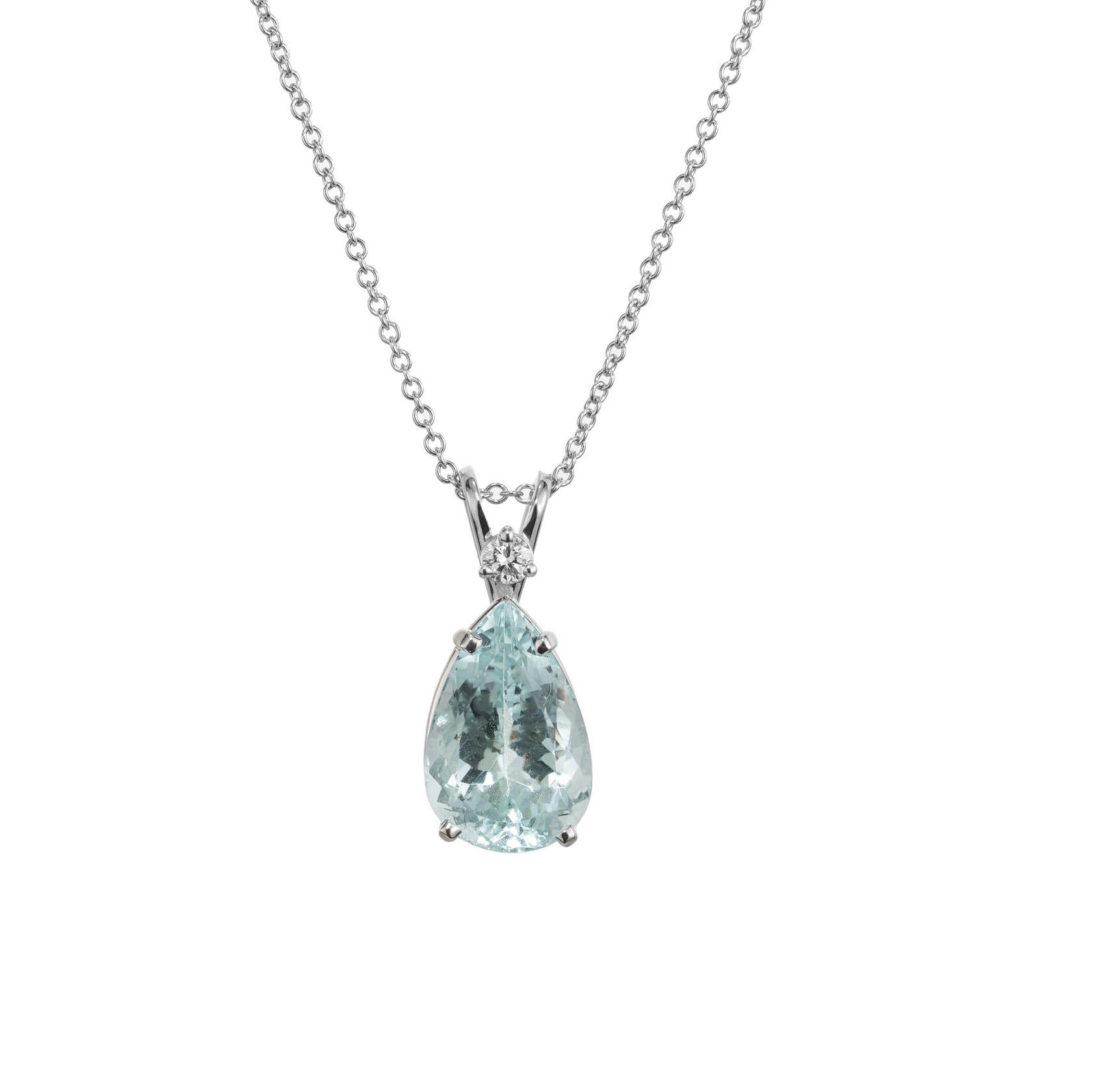 Peter Suchy 5.31 carat aquamarine and diamond pendant necklace. At the center of this necklace is a 5.31crt pear shaped aqua that is set in 14k white gold and accented with a round brilliant cut diamond. The aqua is a beautiful icy soft blue hue. A