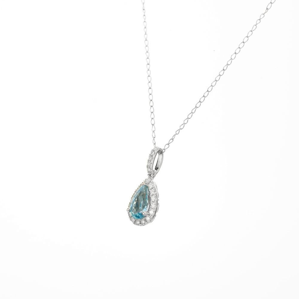 Pear Cut Peter Suchy .54 Carat Aquamarine Diamond Halo Pendant Necklace