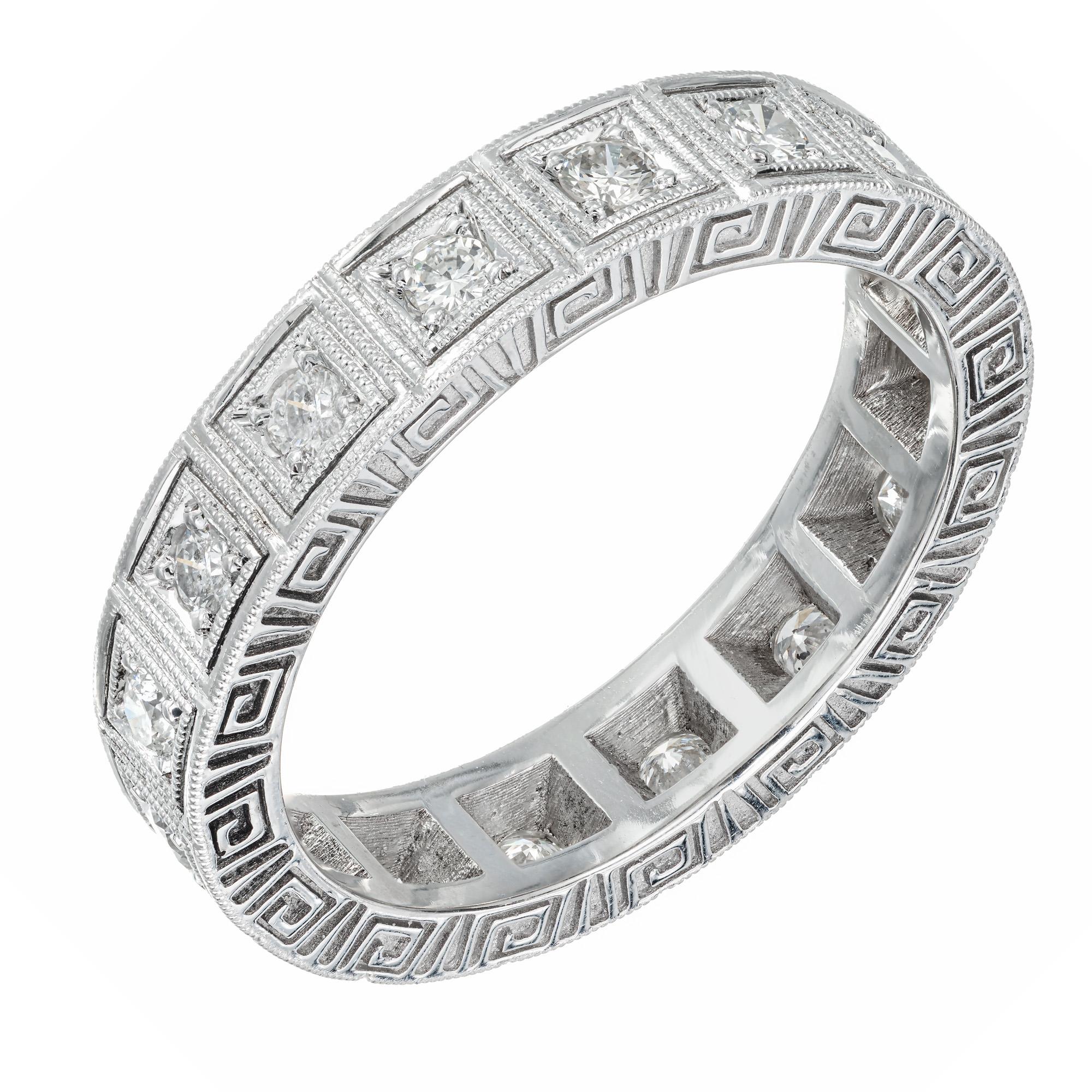 Custom made 14k white gold diamond eternity wedding band ring. 16 round diamonds in a bead set, engraved setting. Can be made in different sizes, stones and metals. Designed and crafted in the Peter Suchy Workshop.

16 round diamonds, H-I SI approx.